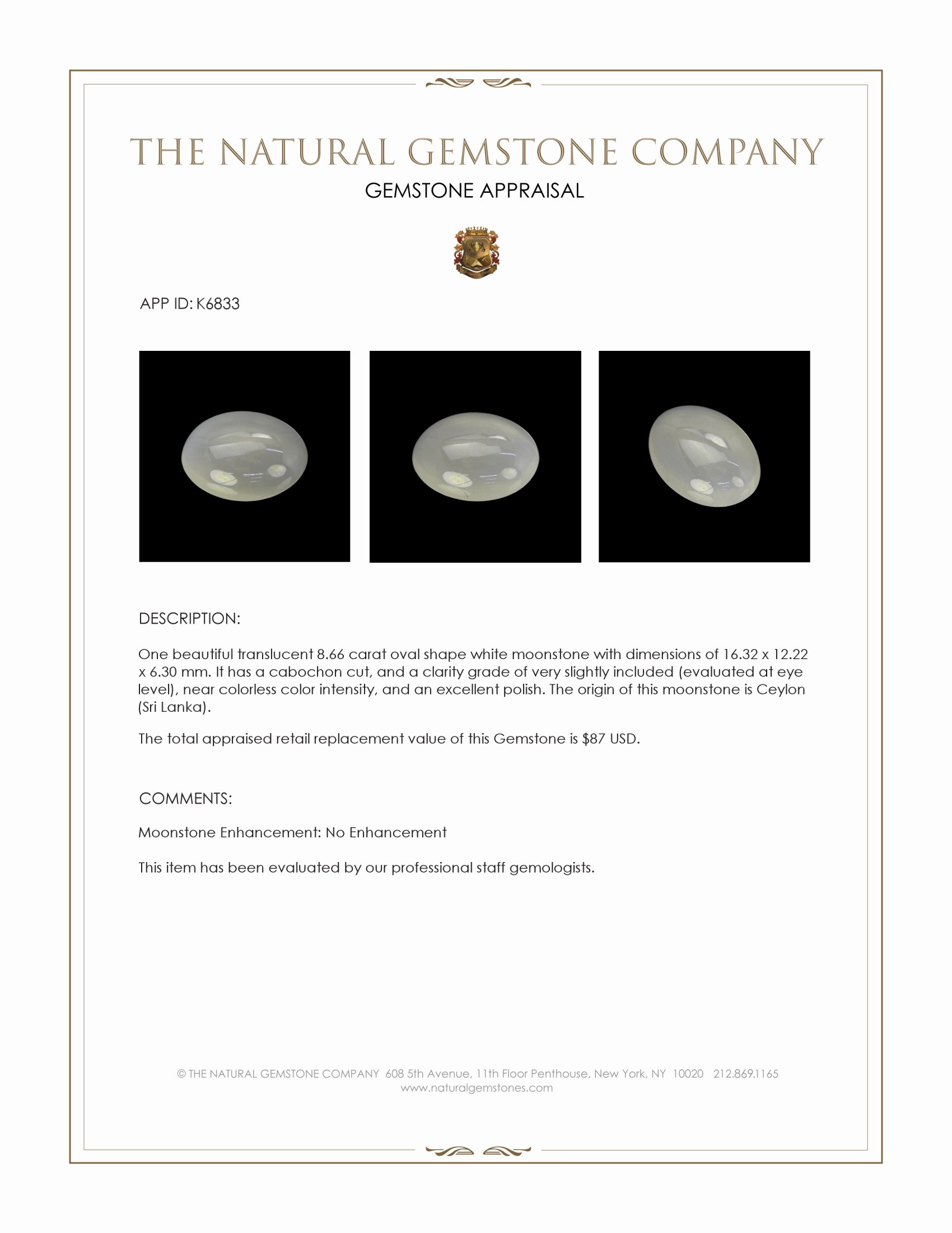 8.66 Ct. Cabochon Moonstone from Ceylon (Sri Lanka)