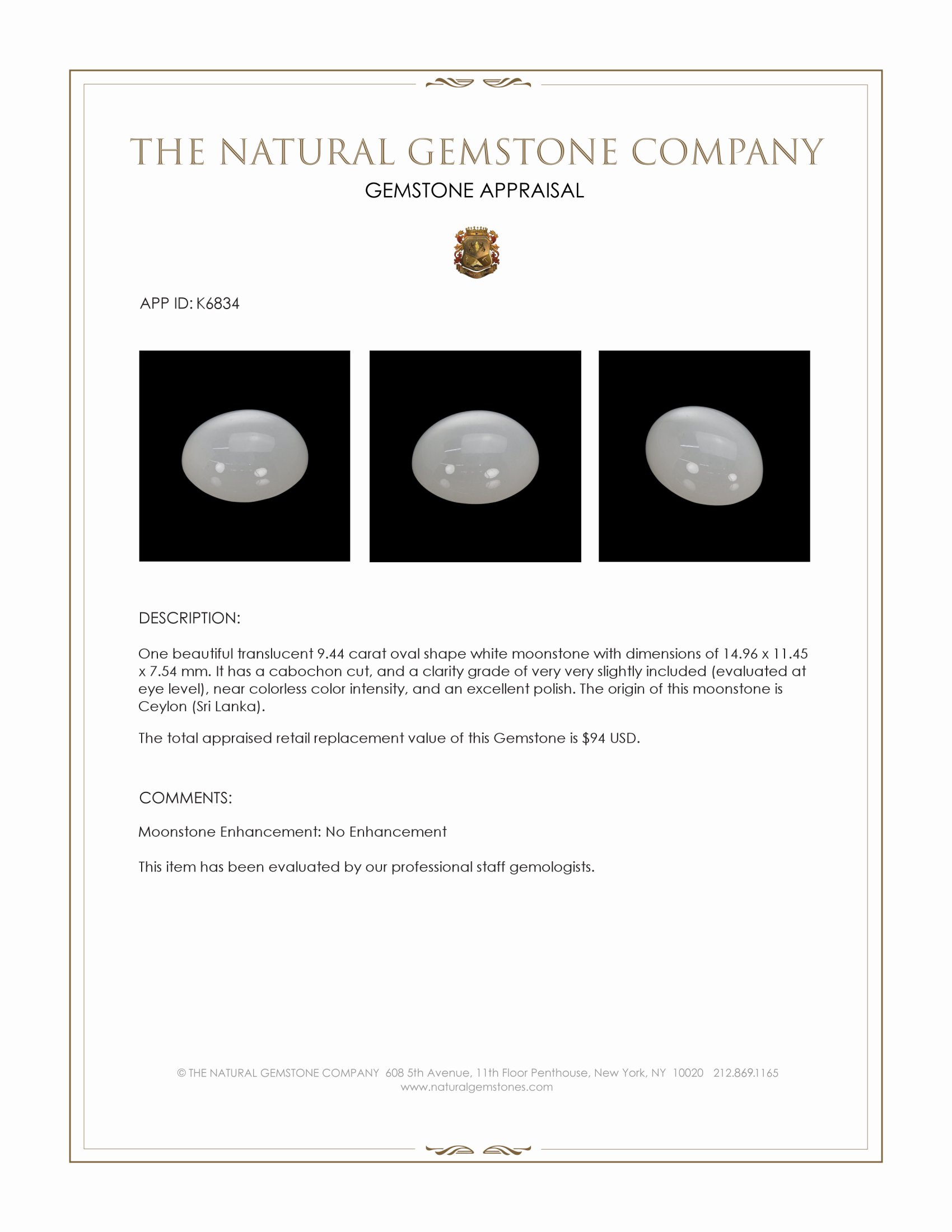 9.44 Ct. Cabochon Moonstone from Ceylon (Sri Lanka)