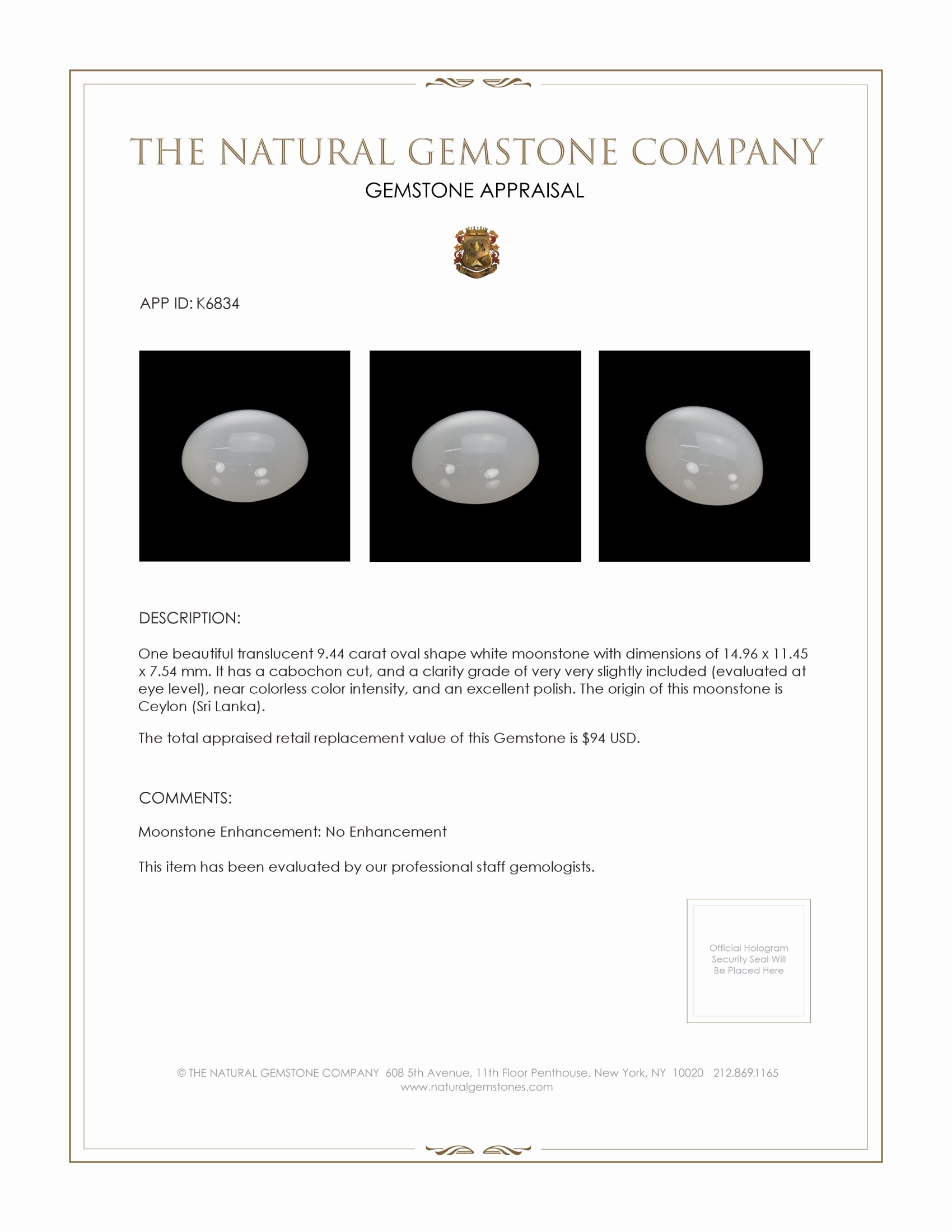 9.44 Ct. Cabochon Moonstone from Ceylon (Sri Lanka)