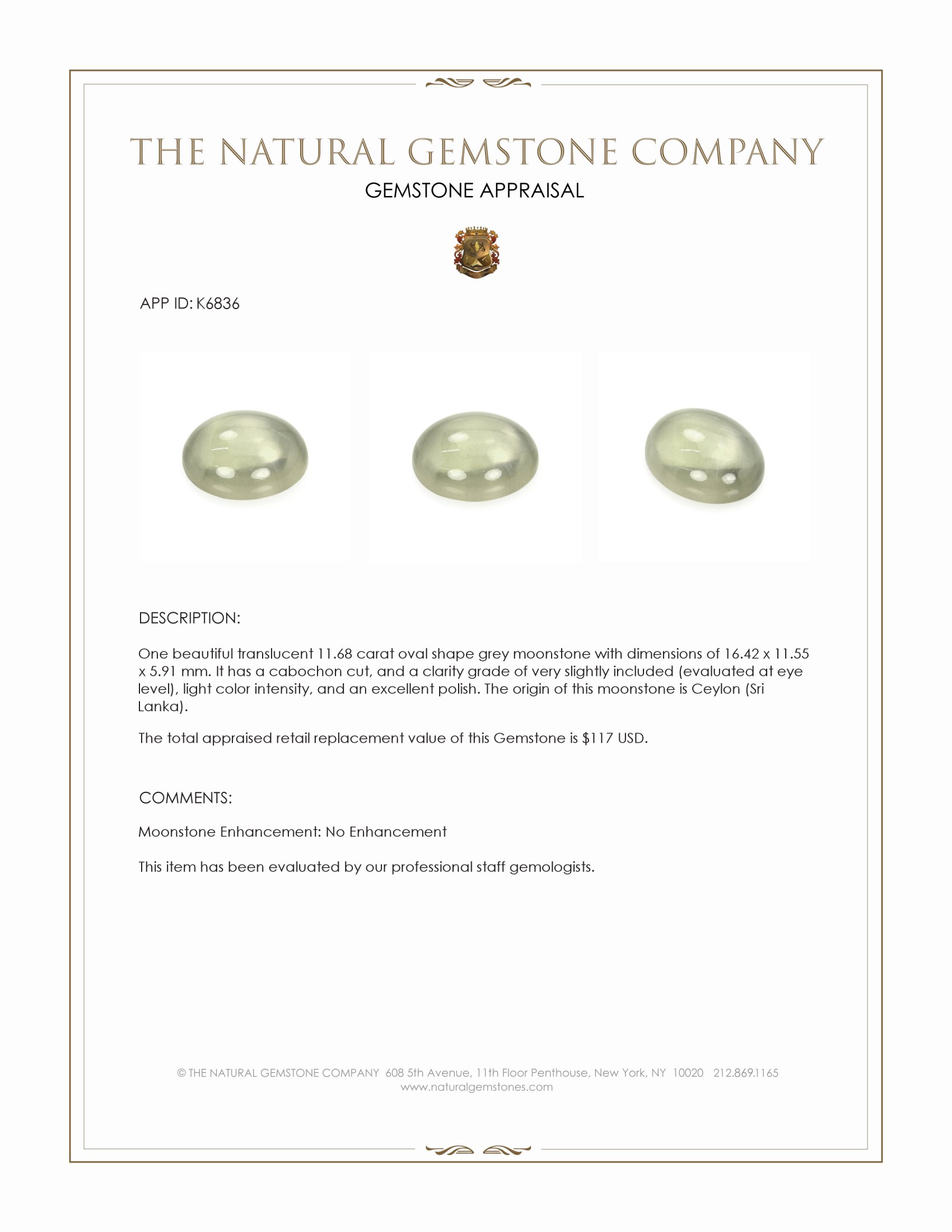 11.68 Ct. Grey Cabochon Moonstone from Ceylon (Sri Lanka)