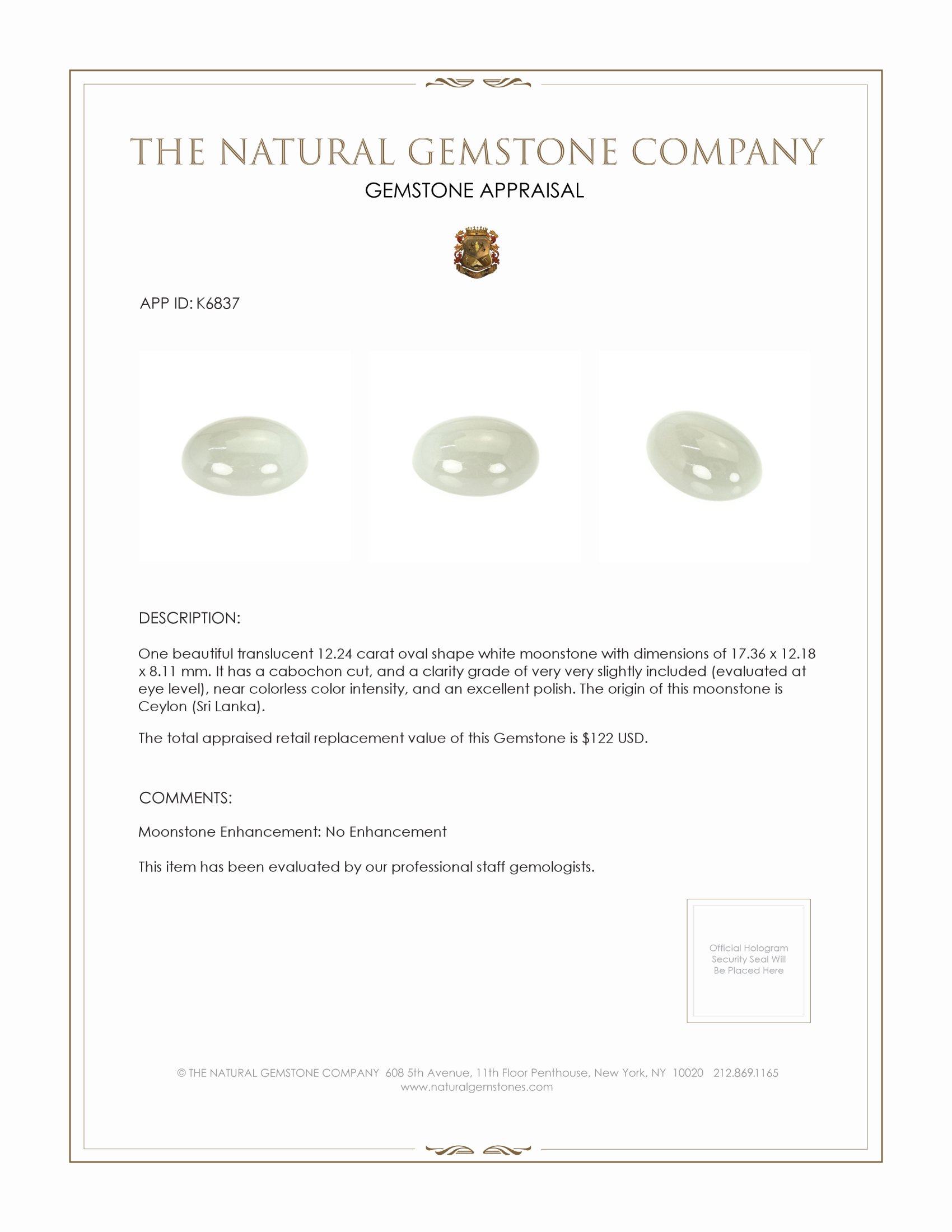 12.24 Ct. Cabochon Moonstone from Ceylon (Sri Lanka)