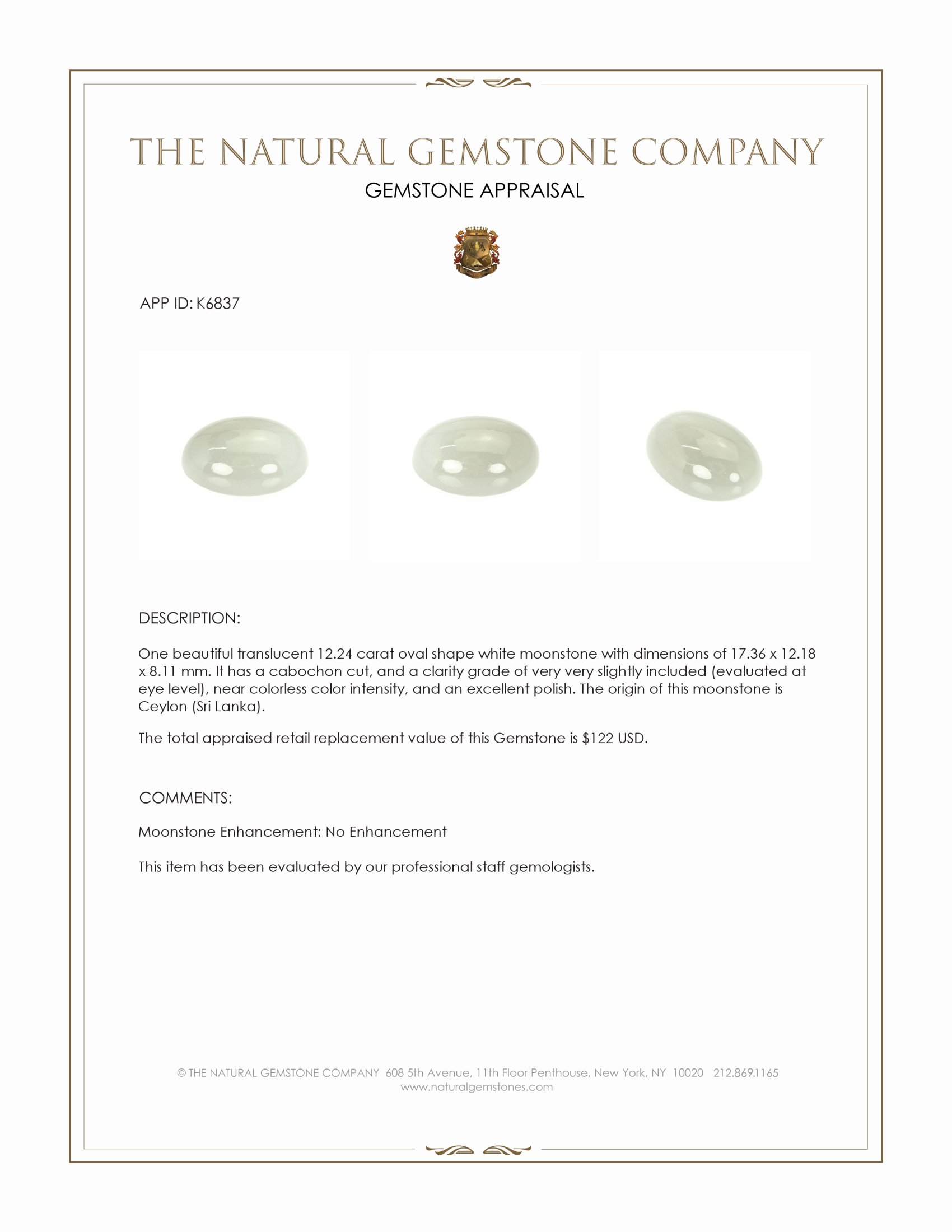 12.24 Ct. Cabochon Moonstone from Ceylon (Sri Lanka)