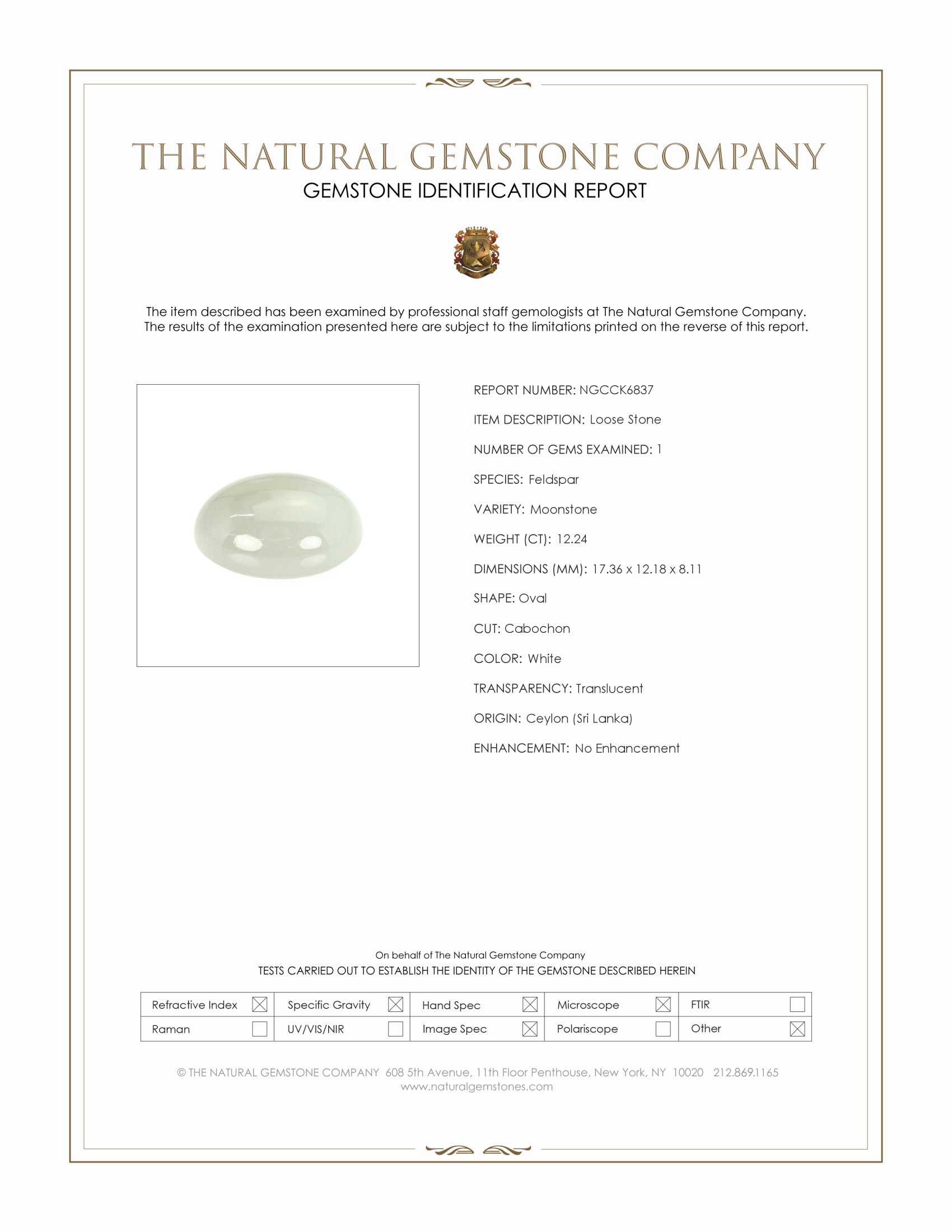 12.24 Ct. White Cabochon Moonstone from Ceylon (Sri Lanka)