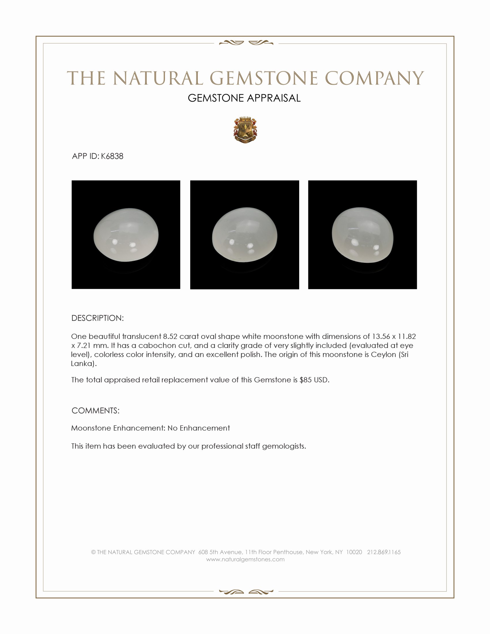 8.52 Ct. White Cabochon Moonstone from Ceylon (Sri Lanka)