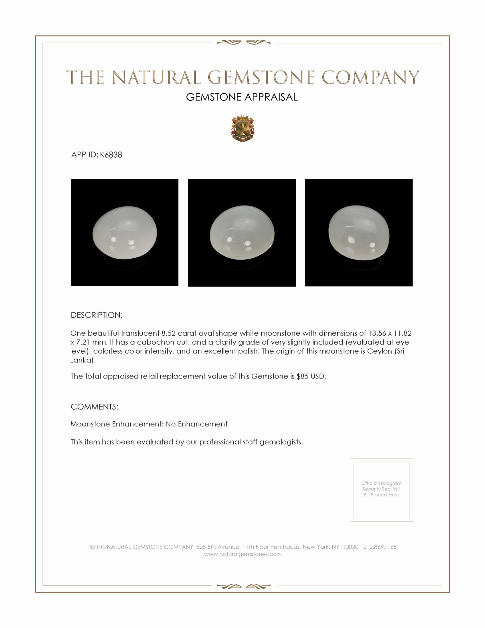 8.52 Ct. Cabochon Moonstone from Ceylon (Sri Lanka)