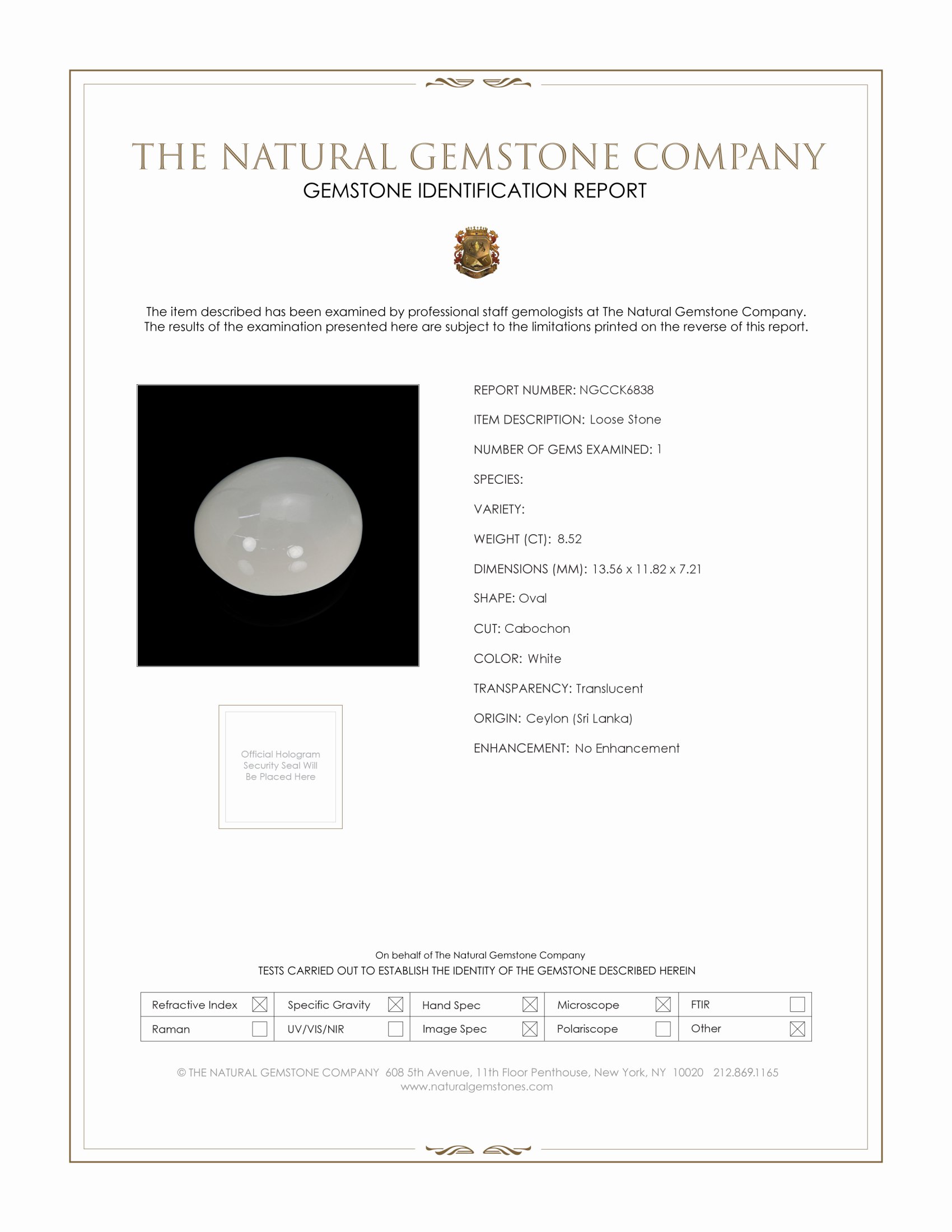 8.52 Ct. White Cabochon Moonstone from Ceylon (Sri Lanka)