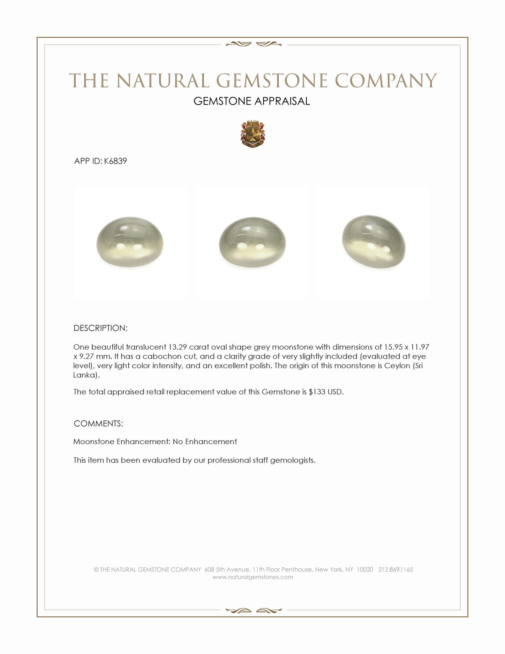 13.29 Ct. Cabochon Moonstone from Ceylon (Sri Lanka)