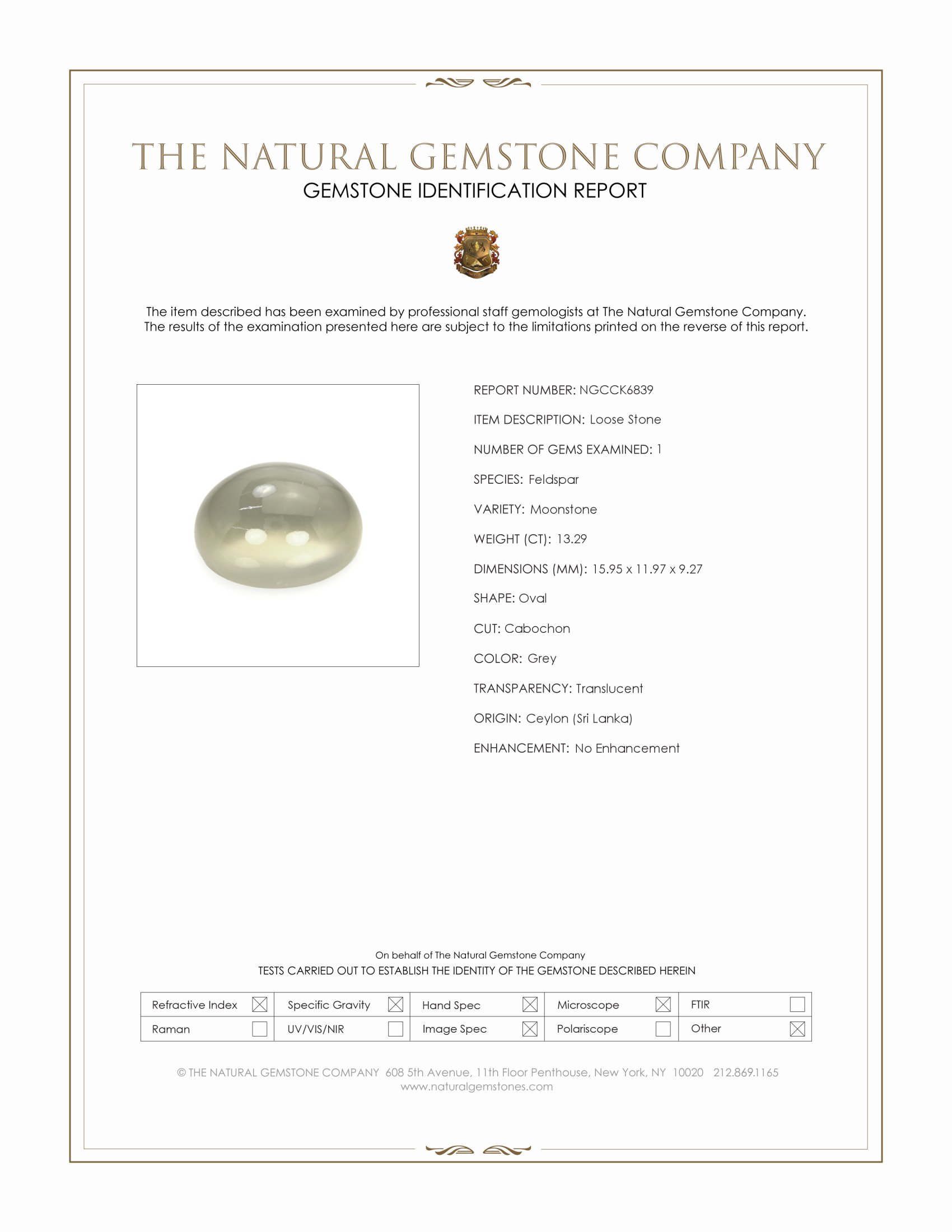 13.29 Ct. Grey Cabochon Moonstone from Ceylon (Sri Lanka)