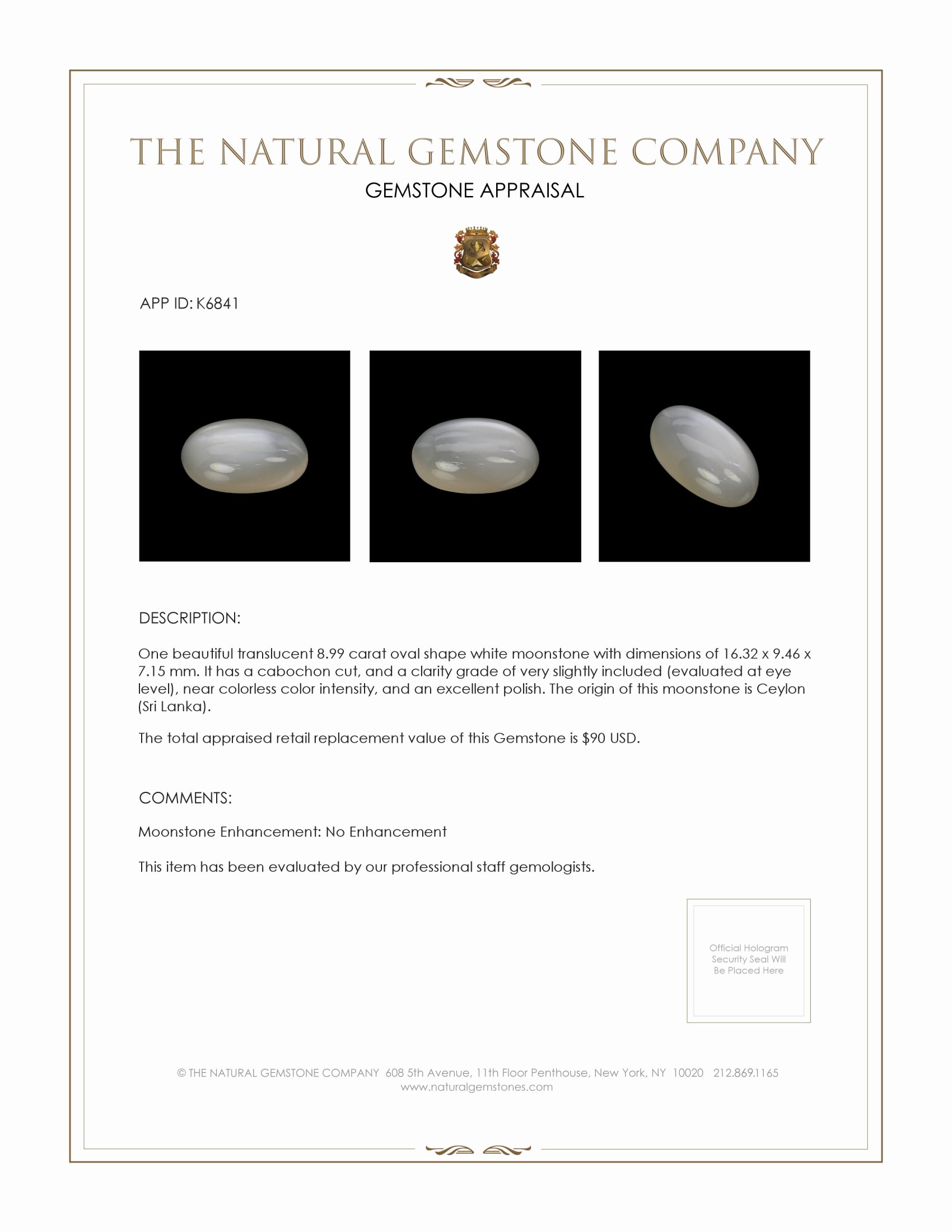 8.99 Ct. Cabochon Moonstone from Ceylon (Sri Lanka)