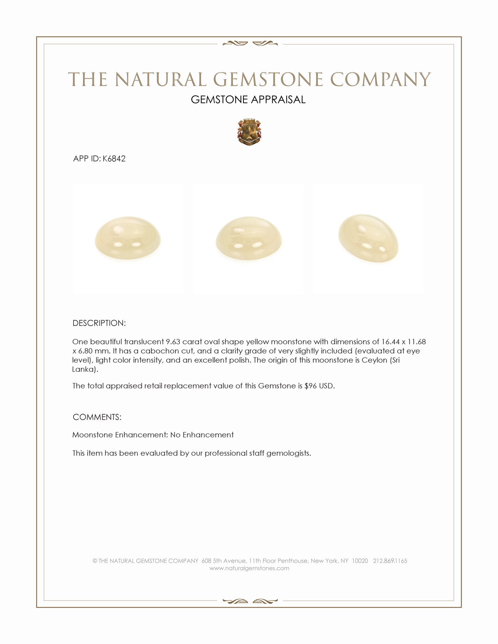 9.63 Ct. Yellow Cabochon Moonstone from Ceylon (Sri Lanka)