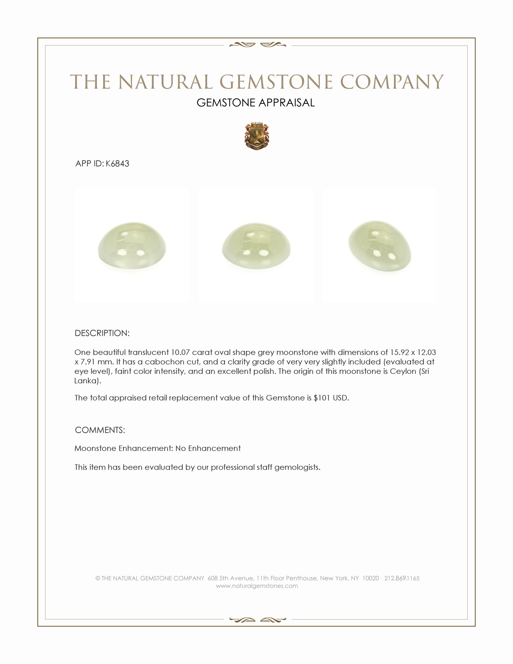 10.07 Ct. Cabochon Moonstone from Ceylon (Sri Lanka)