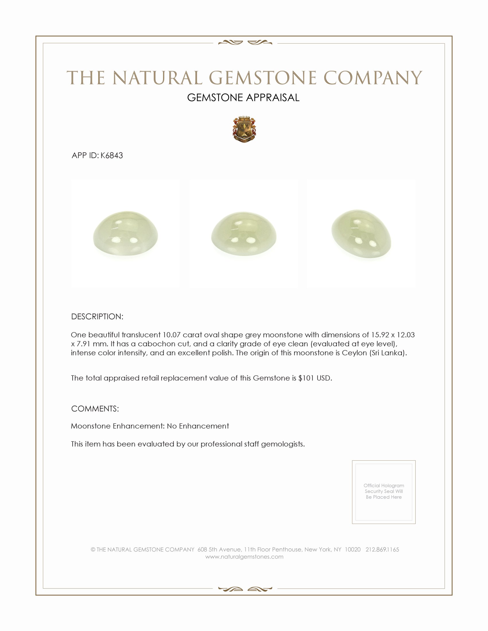 10.07 Ct. Cabochon Moonstone from Ceylon (Sri Lanka)