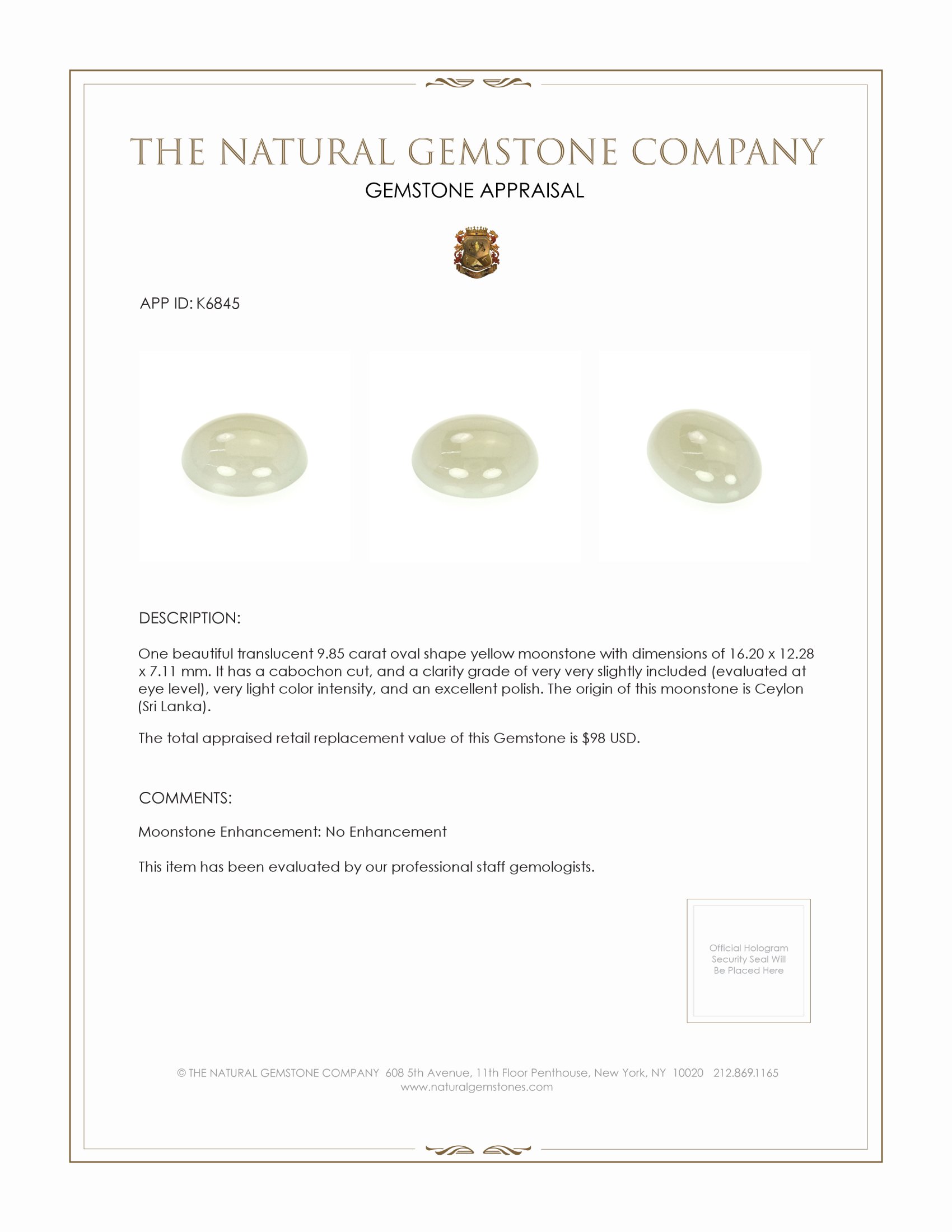 9.85 Ct. Cabochon Moonstone from Ceylon (Sri Lanka)