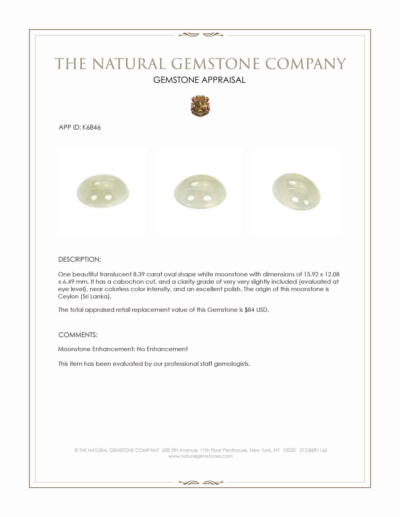 8.39 Ct. White Cabochon Moonstone from Ceylon (Sri Lanka)