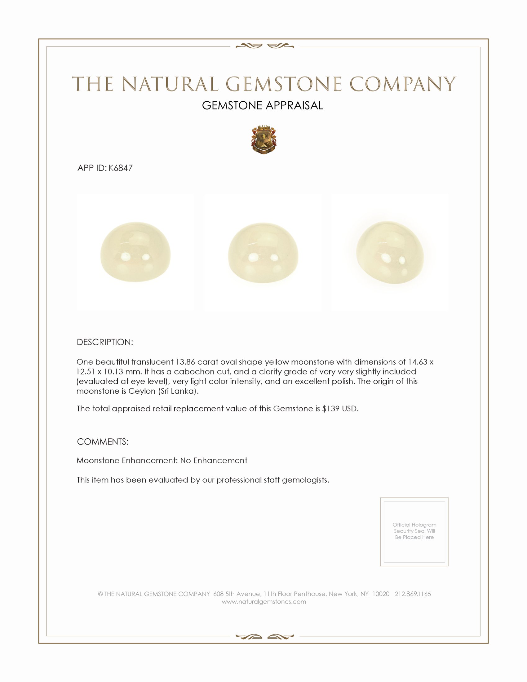 13.86 Ct. Yellow Cabochon Moonstone from Ceylon (Sri Lanka)