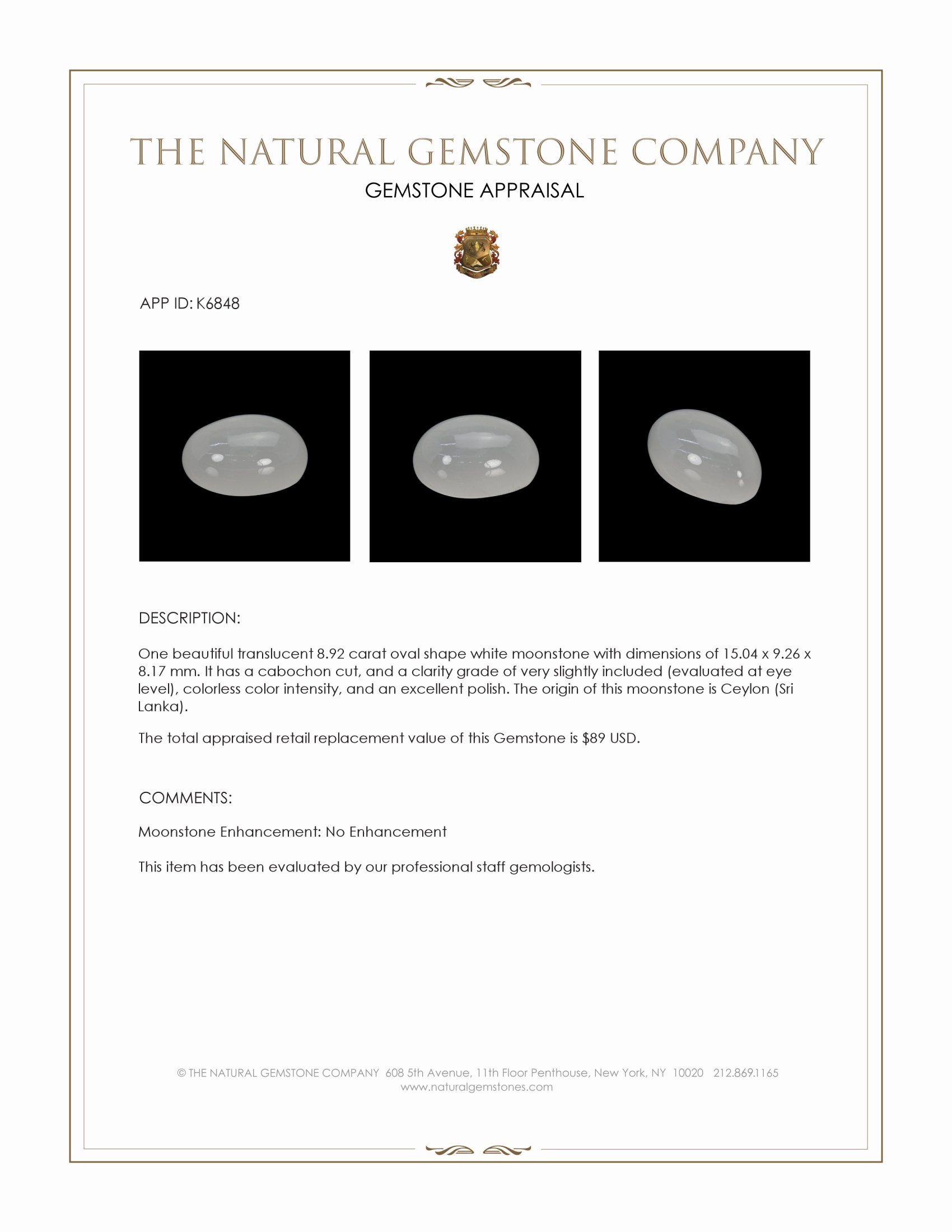 8.92 Ct. Cabochon Moonstone from Ceylon (Sri Lanka)