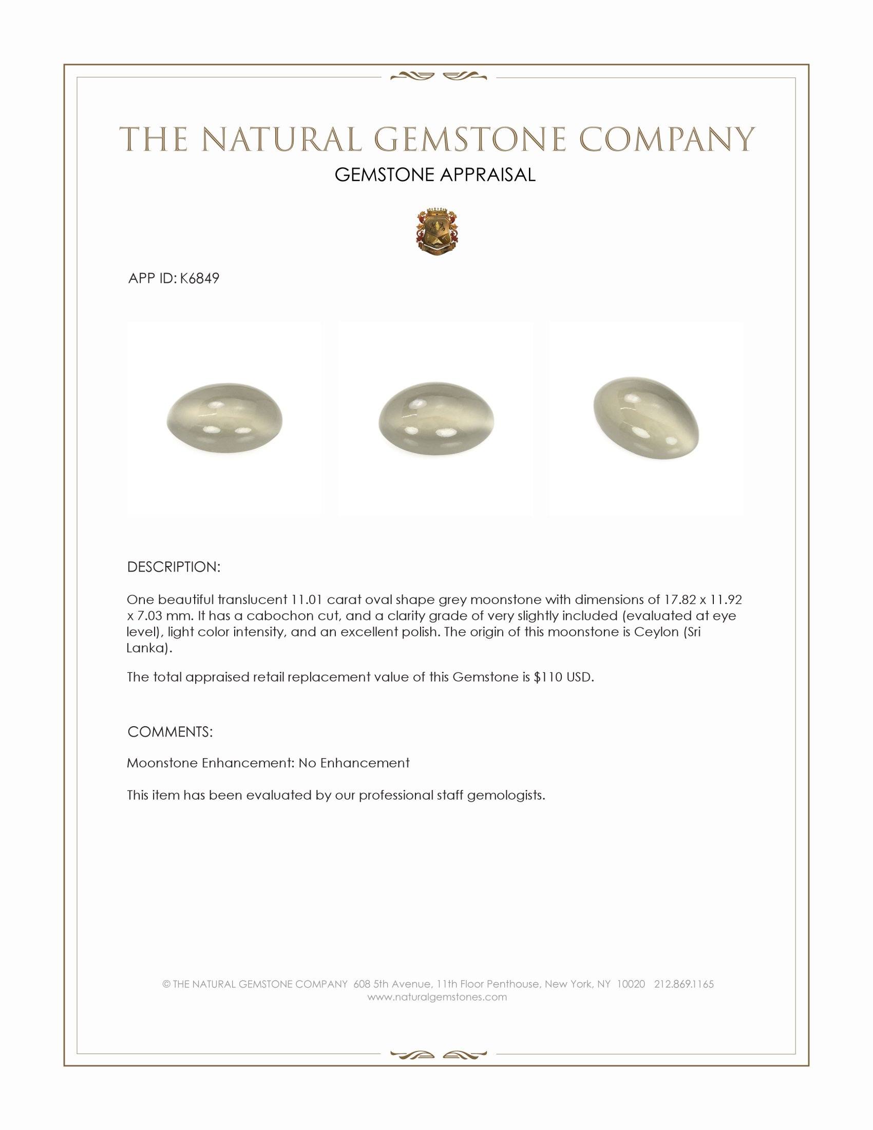 11.01 Ct. Grey Cabochon Moonstone from Ceylon (Sri Lanka)