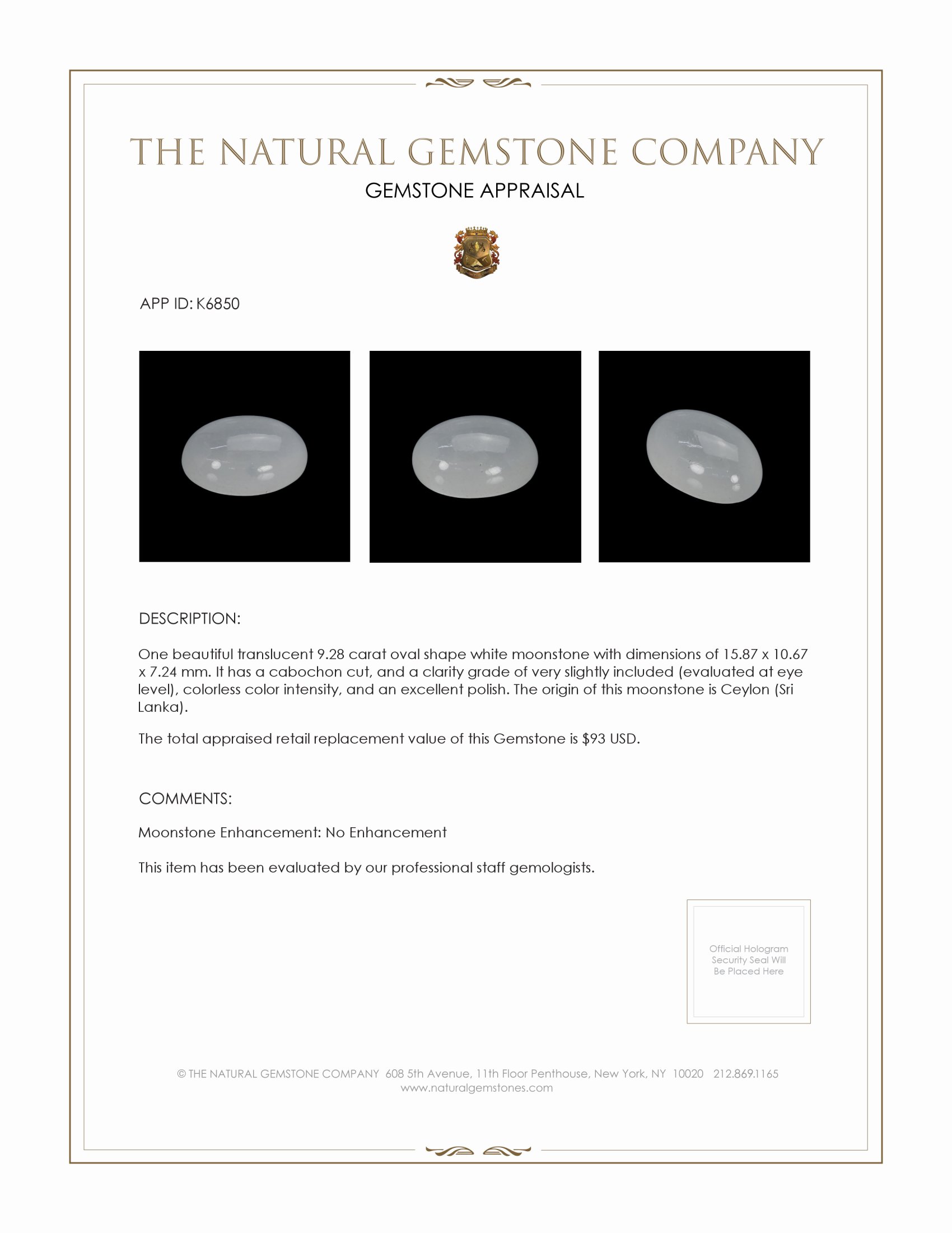 9.28 Ct. Cabochon Moonstone from Ceylon (Sri Lanka)