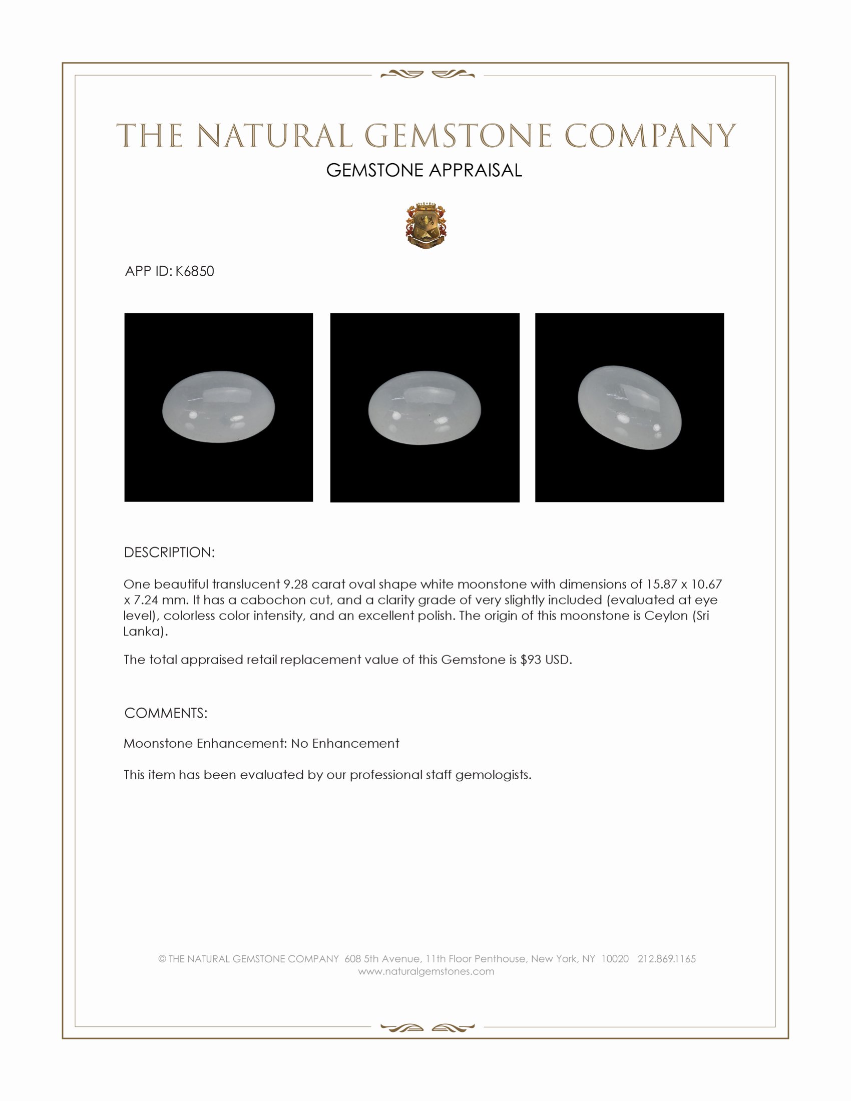 9.28 Ct. Cabochon Moonstone from Ceylon (Sri Lanka)