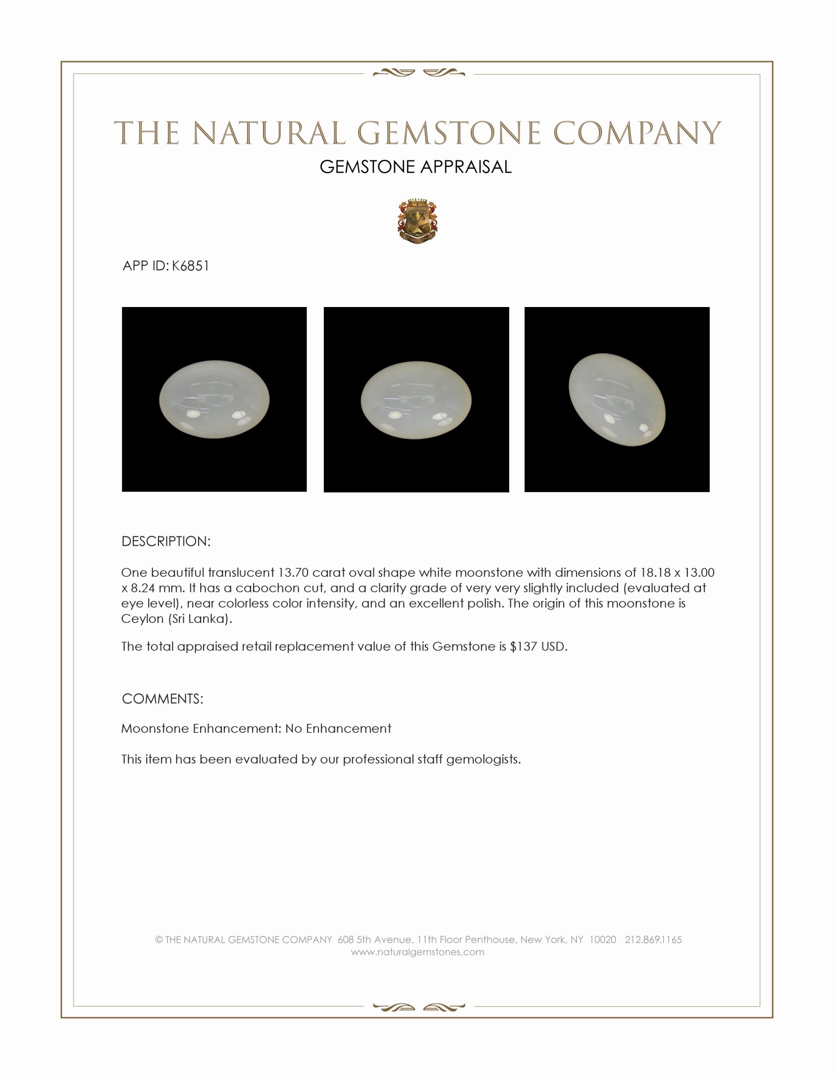 13.70 Ct. White Cabochon Moonstone from Ceylon (Sri Lanka)