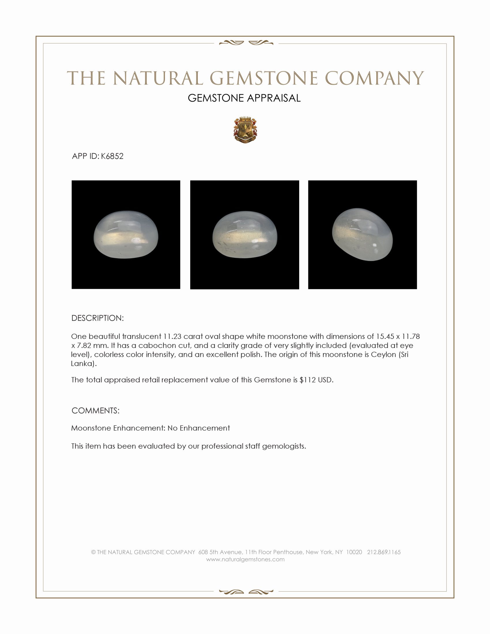 11.23 Ct. Cabochon Moonstone from Ceylon (Sri Lanka)