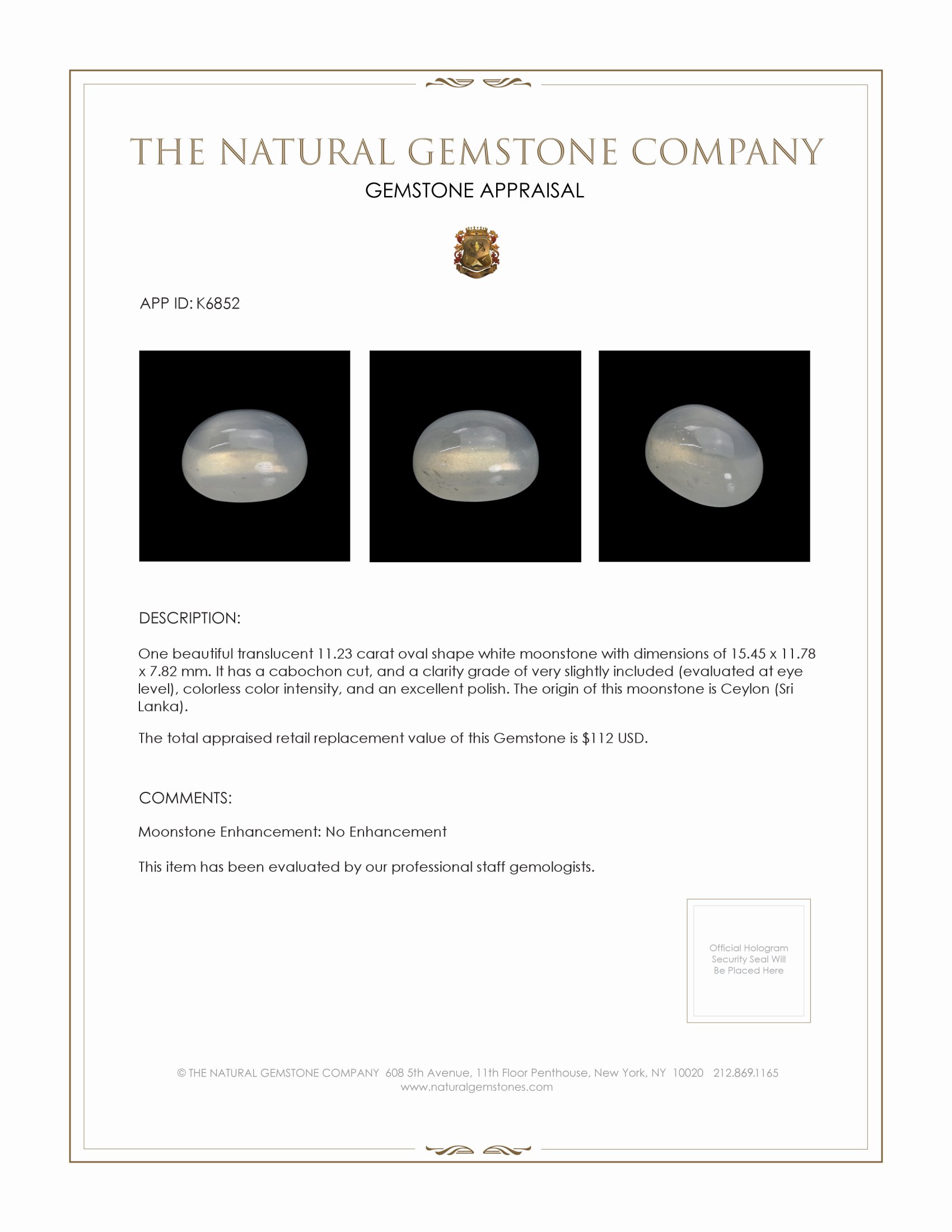 11.23 Ct. Cabochon Moonstone from Ceylon (Sri Lanka)