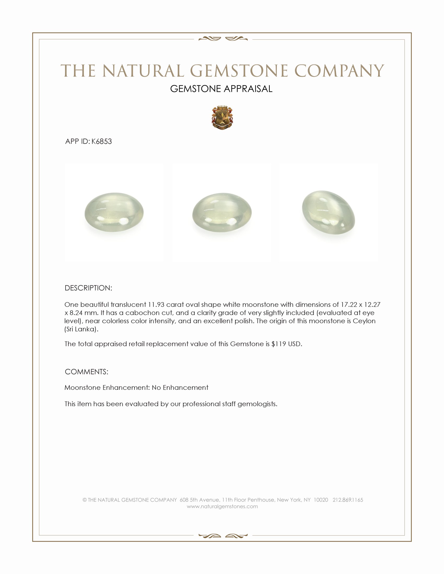 11.93 Ct. White Cabochon Moonstone from Ceylon (Sri Lanka)