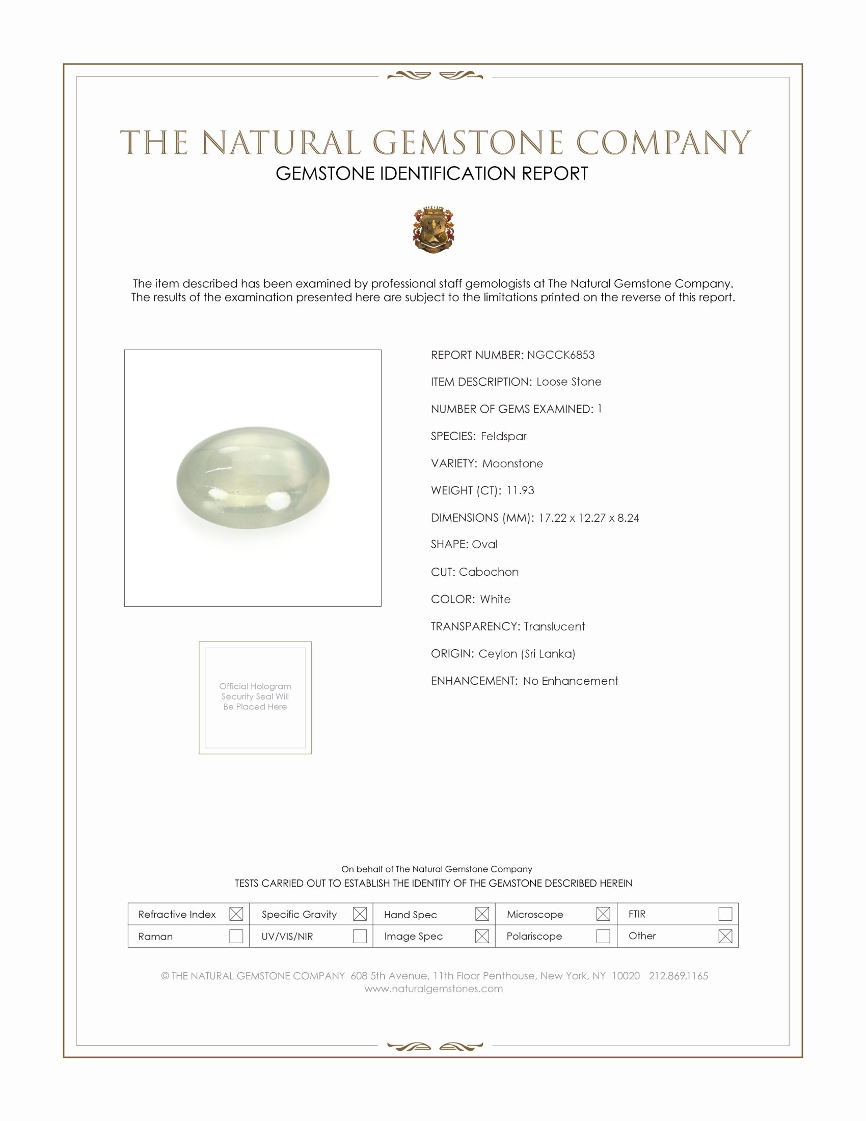 11.93 Ct. White Cabochon Moonstone from Ceylon (Sri Lanka)