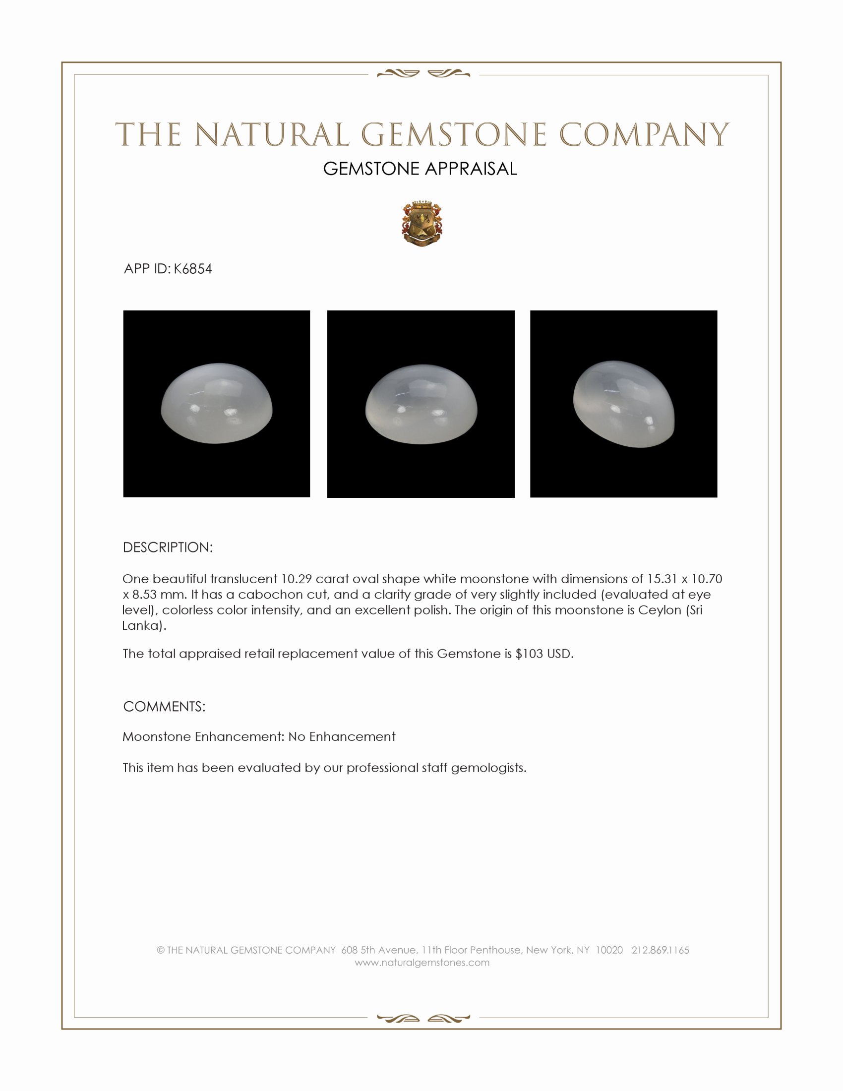 10.29 Ct. White Cabochon Moonstone from Ceylon (Sri Lanka)