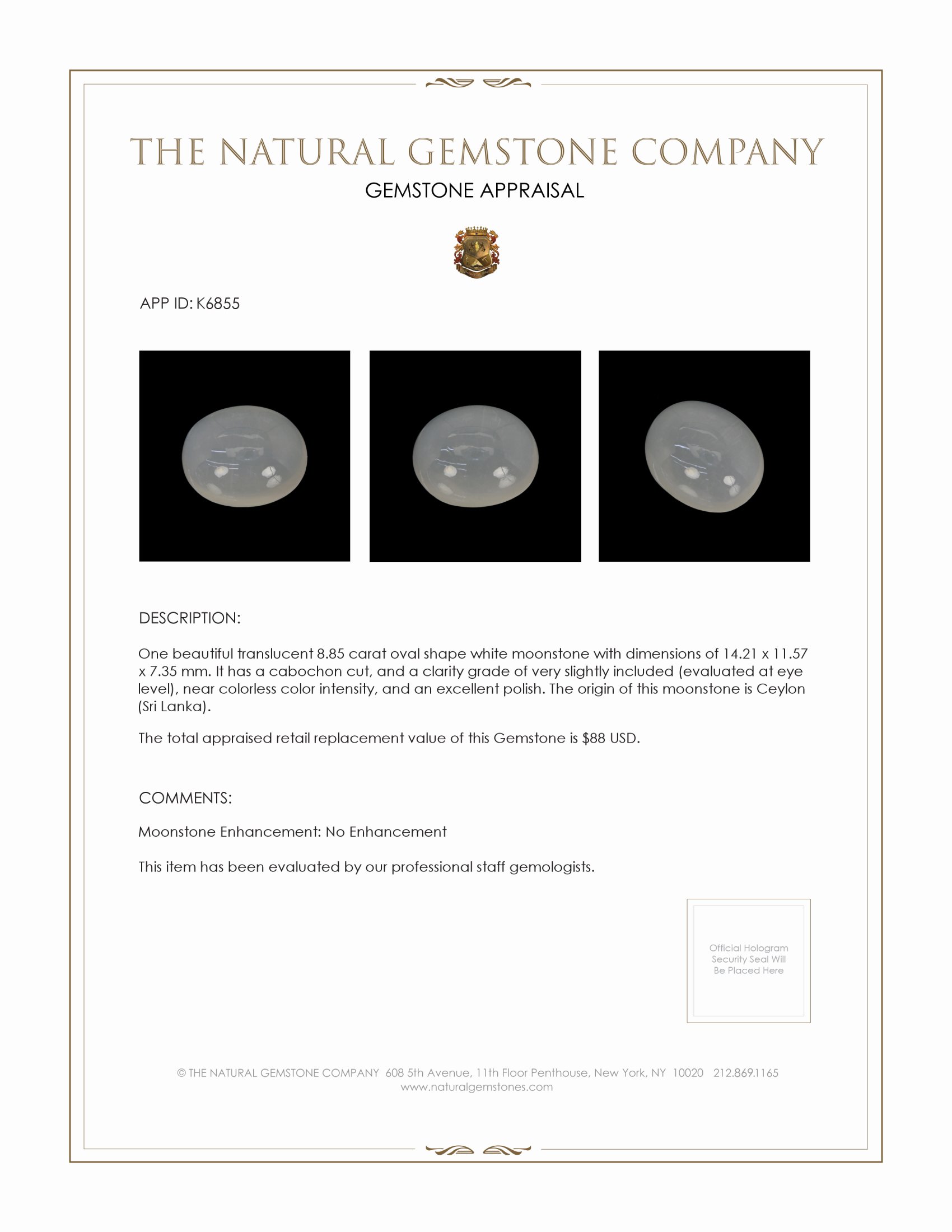 8.85 Ct. Cabochon Moonstone from Ceylon (Sri Lanka)