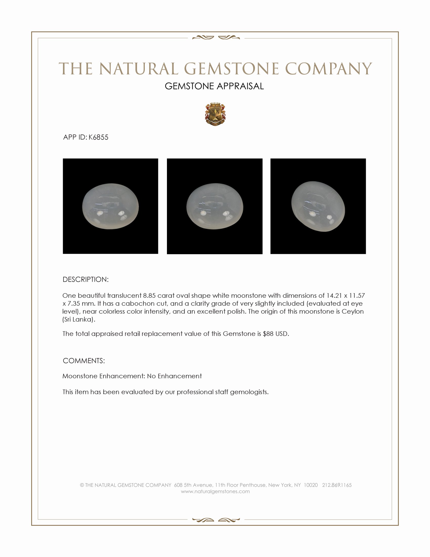 8.85 Ct. White Cabochon Moonstone from Ceylon (Sri Lanka)