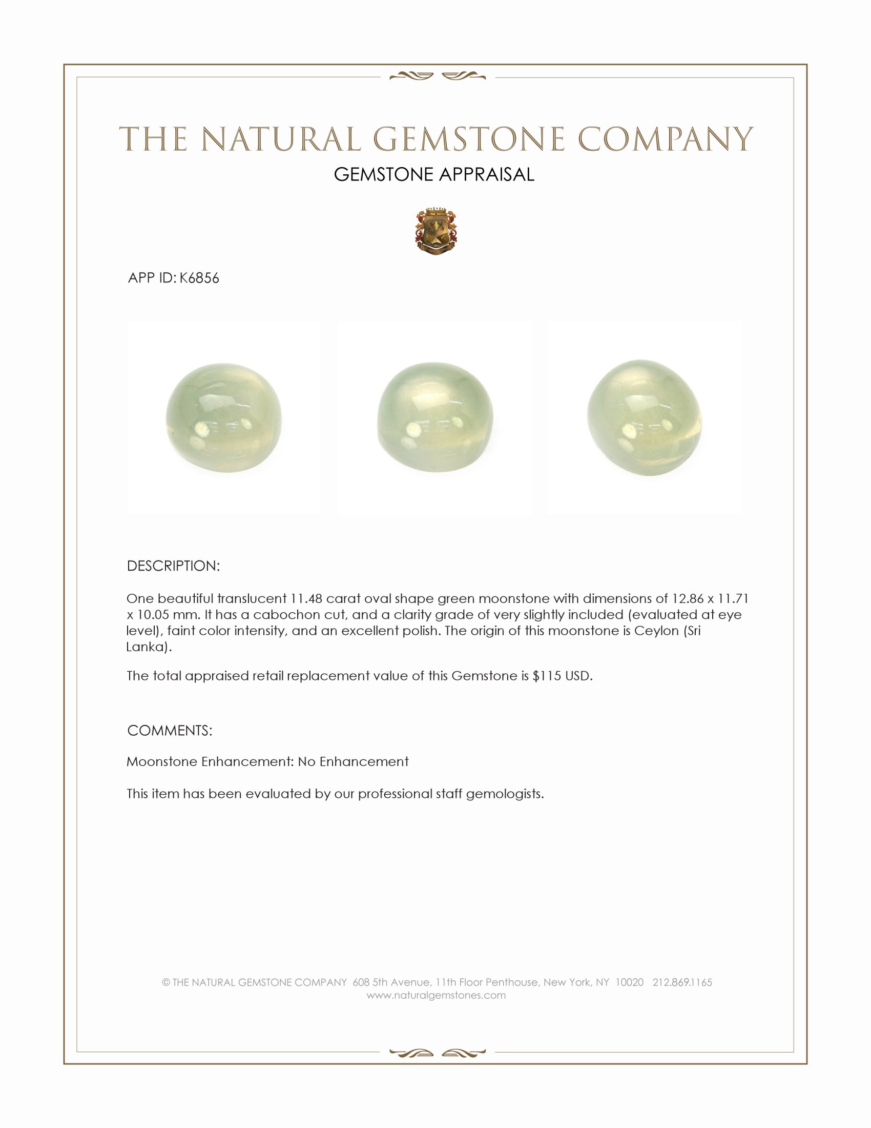 11.48 Ct. Green Cabochon Moonstone from Ceylon (Sri Lanka)