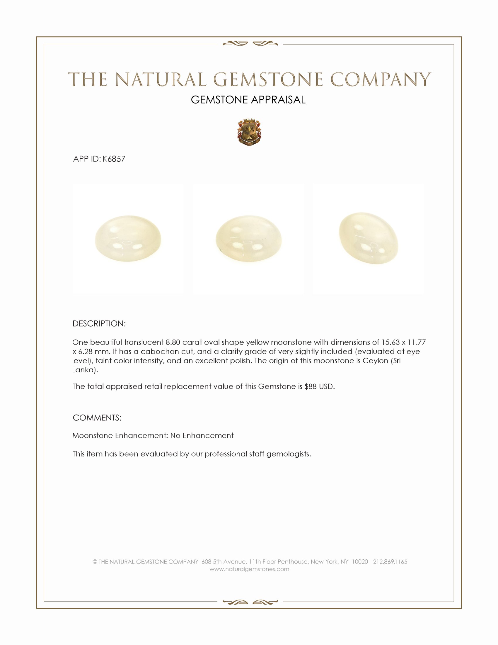 8.80 Ct. Yellow Cabochon Moonstone from Ceylon (Sri Lanka)