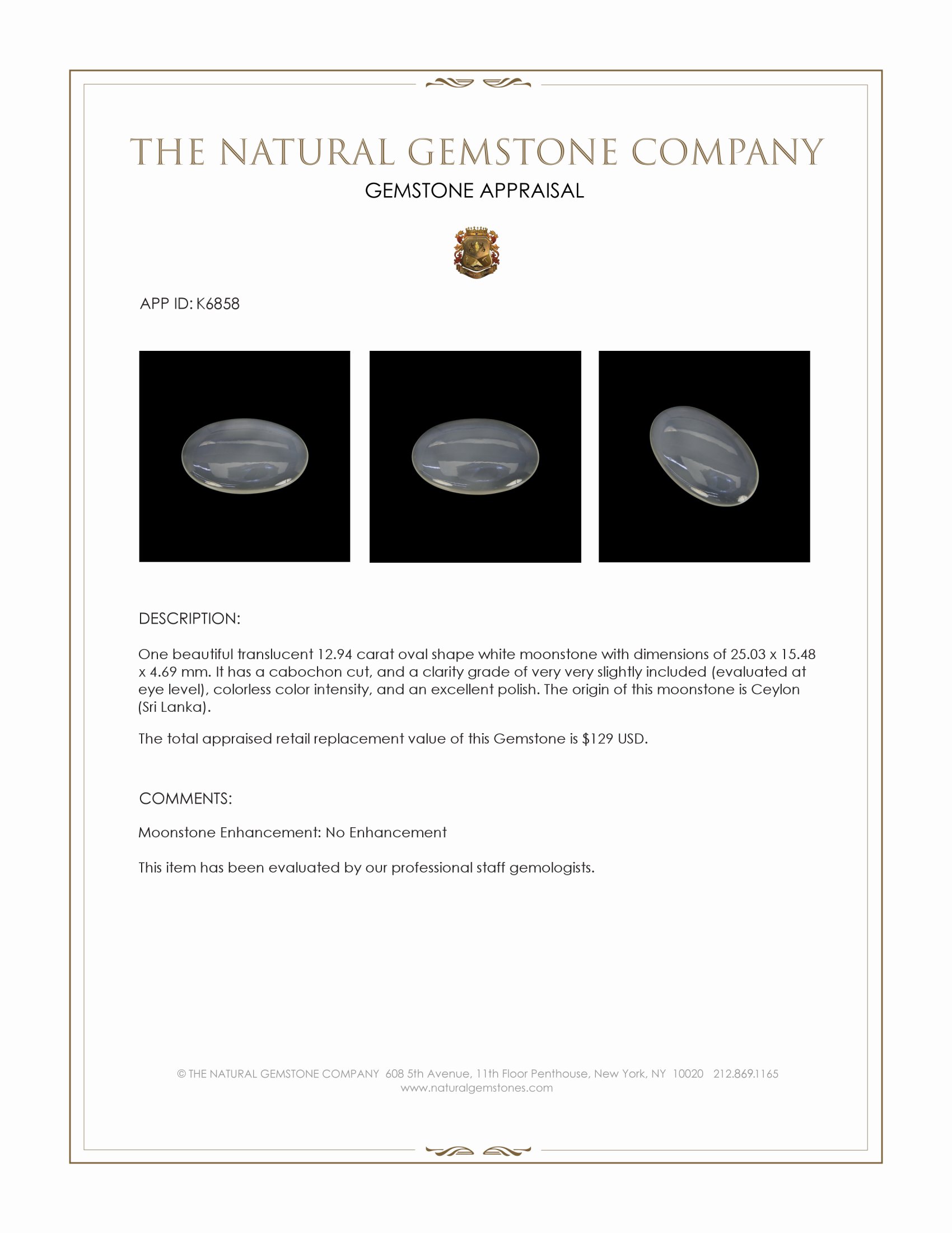 12.94 Ct. Cabochon Moonstone from Ceylon (Sri Lanka)