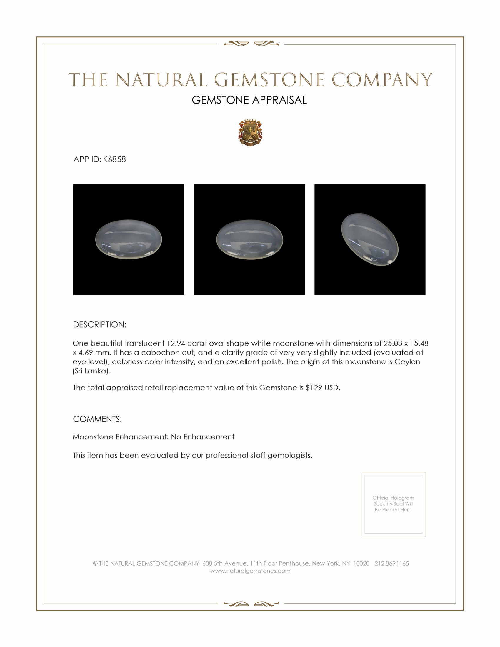 12.94 Ct. Cabochon Moonstone from Ceylon (Sri Lanka)