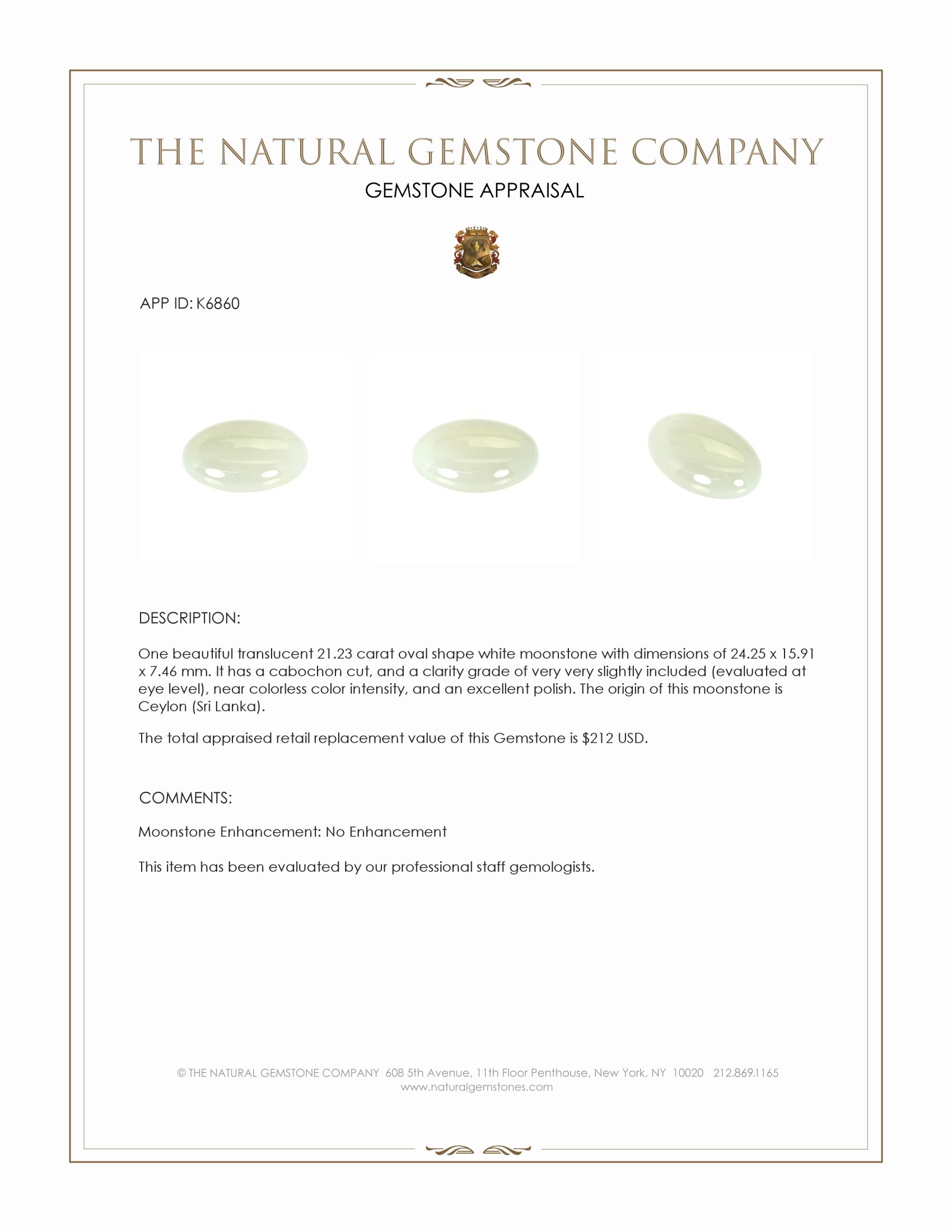 21.23 Ct. White Cabochon Moonstone from Ceylon (Sri Lanka)