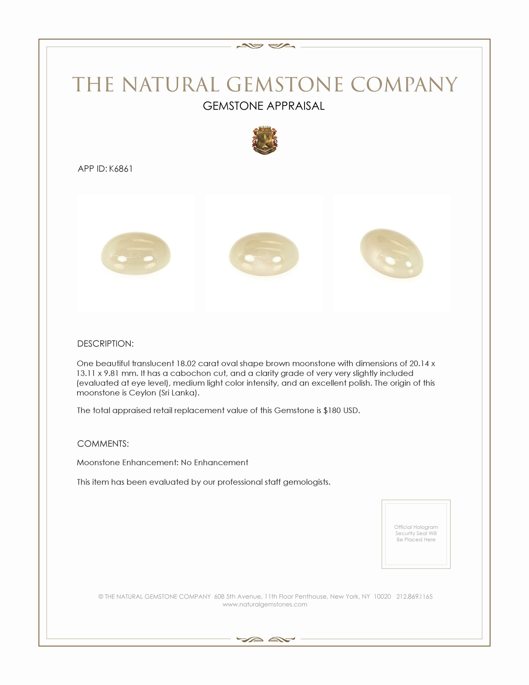 18.02 Ct. White Cabochon Moonstone from Ceylon (Sri Lanka)