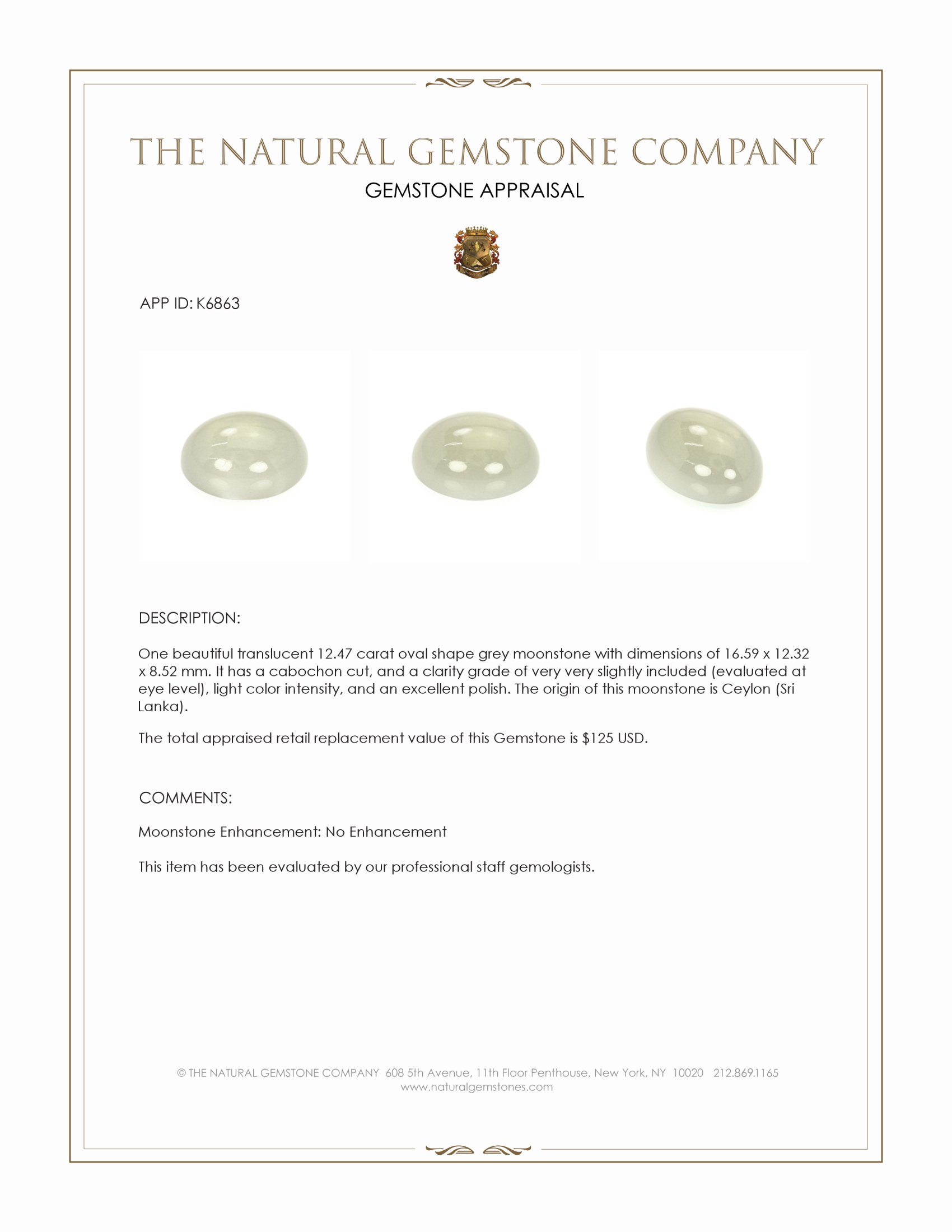 12.47 Ct. Grey Cabochon Moonstone from Ceylon (Sri Lanka)