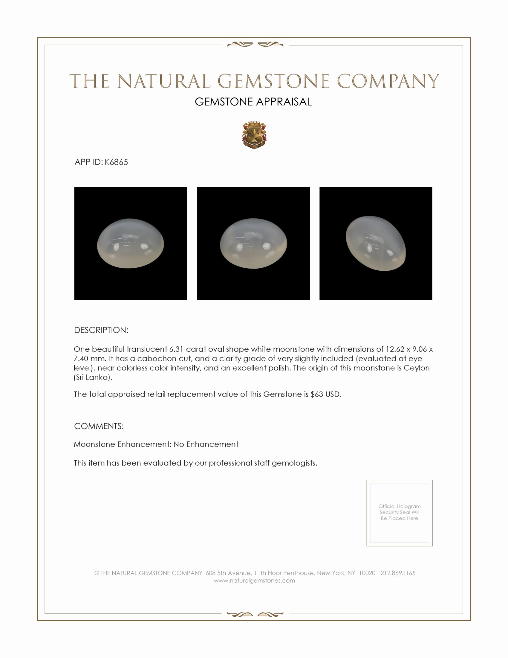 6.31 Ct. Cabochon Moonstone from Ceylon (Sri Lanka)