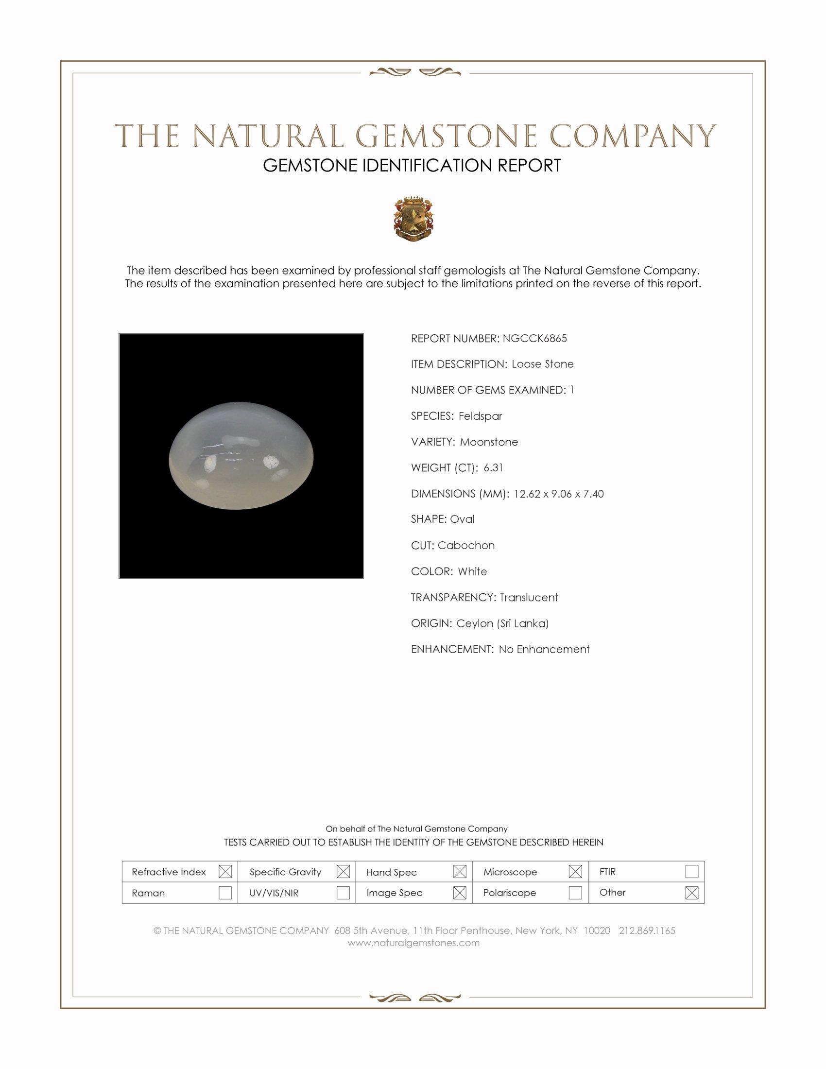 6.31 Ct. White Cabochon Moonstone from Ceylon (Sri Lanka)