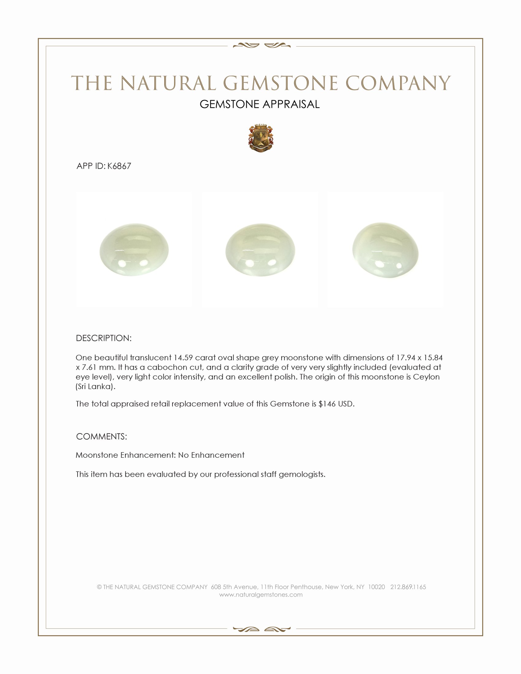 14.59 Ct. Cabochon Moonstone from Ceylon (Sri Lanka)