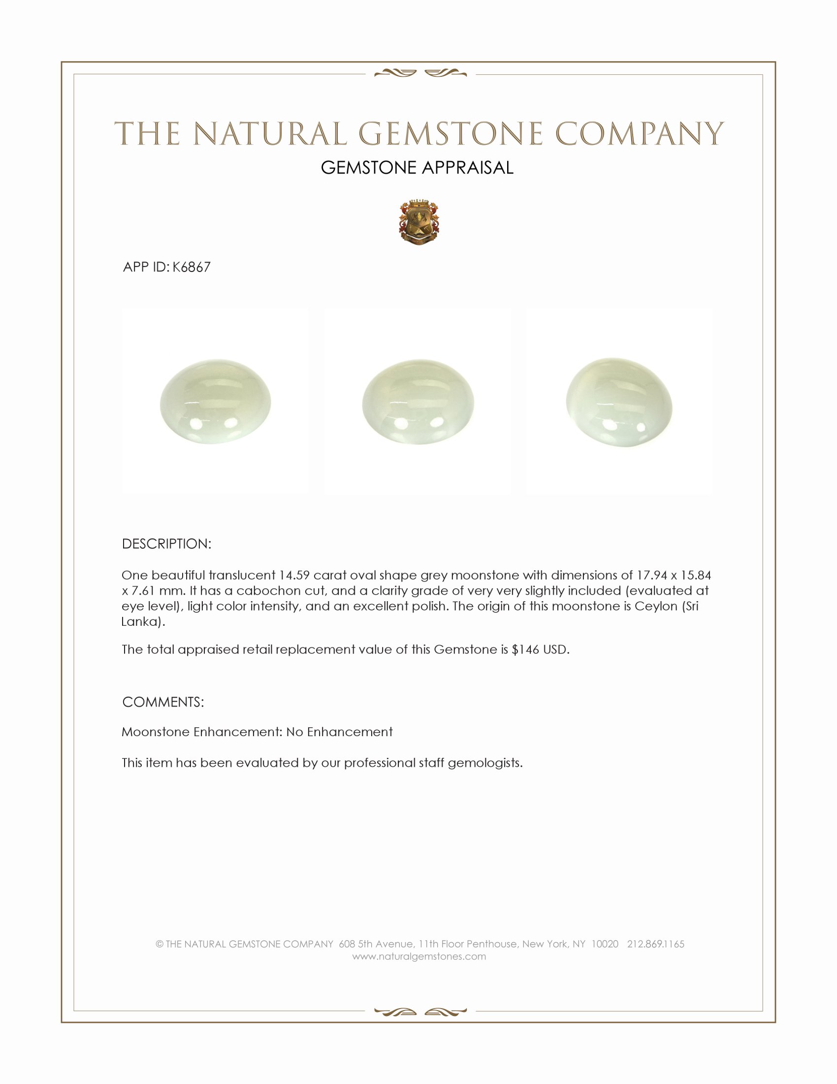 14.59 Ct. Grey Cabochon Moonstone from Ceylon (Sri Lanka)