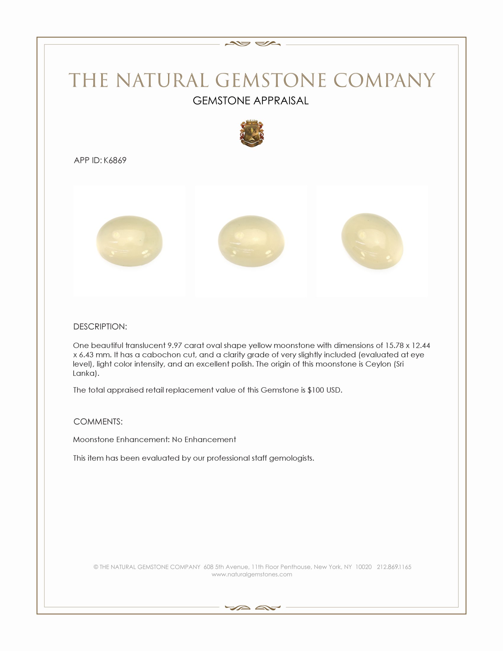 9.97 Ct. Yellow Cabochon Moonstone from Ceylon (Sri Lanka)