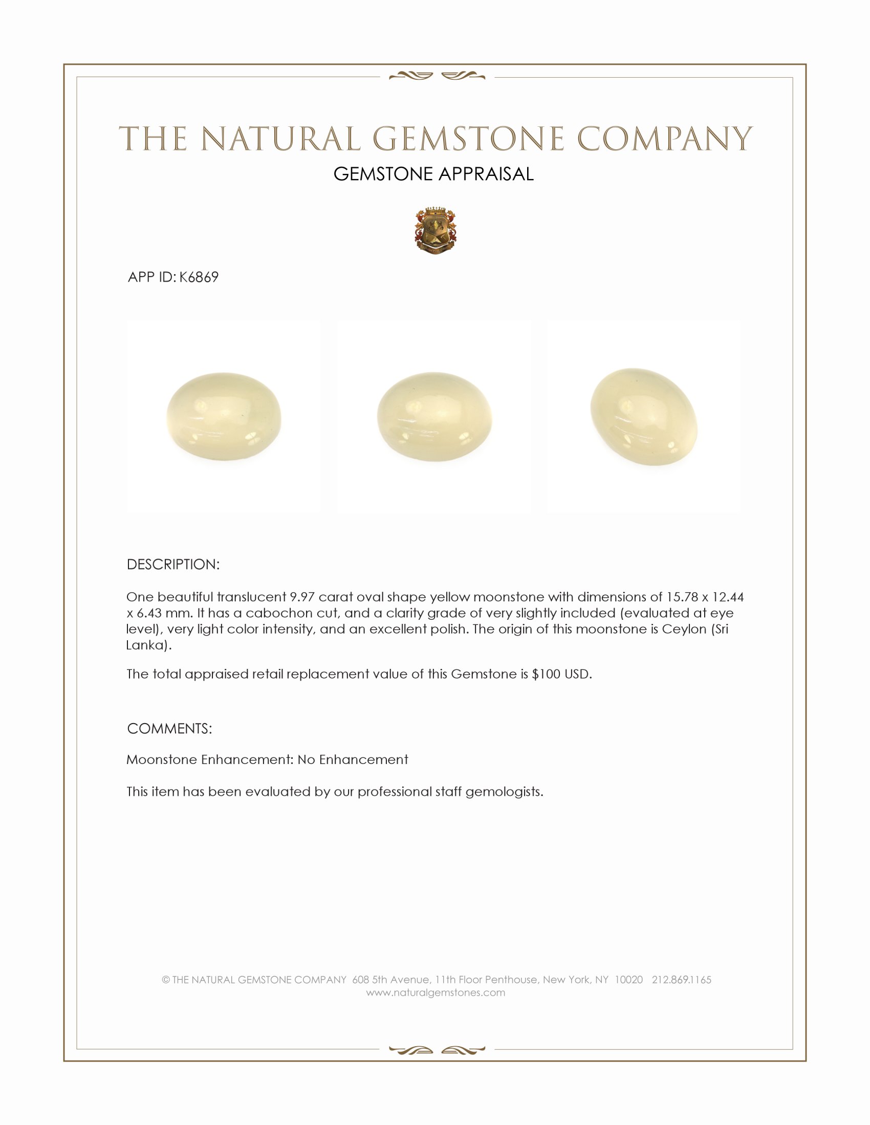 9.97 Ct. Cabochon Moonstone from Ceylon (Sri Lanka)