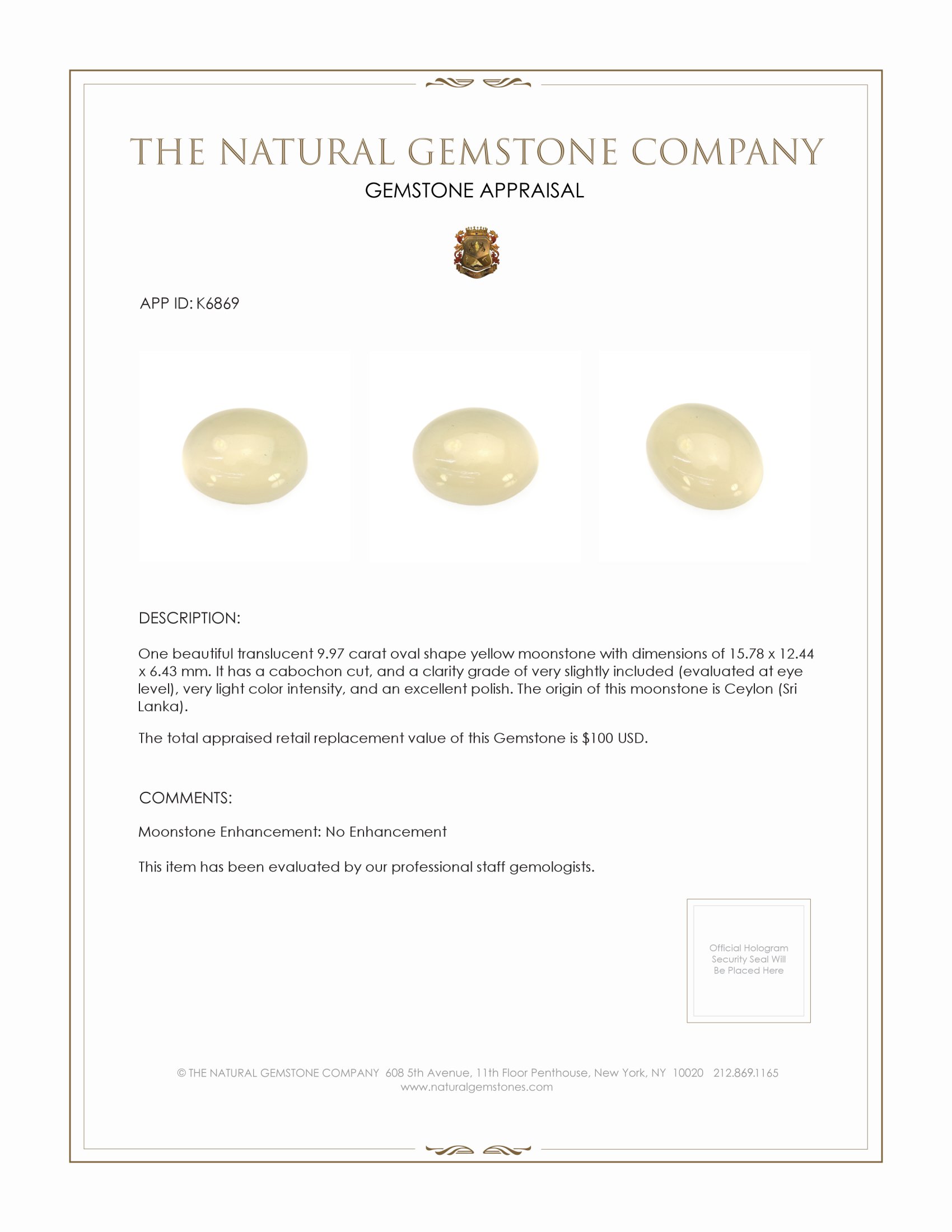 9.97 Ct. Cabochon Moonstone from Ceylon (Sri Lanka)