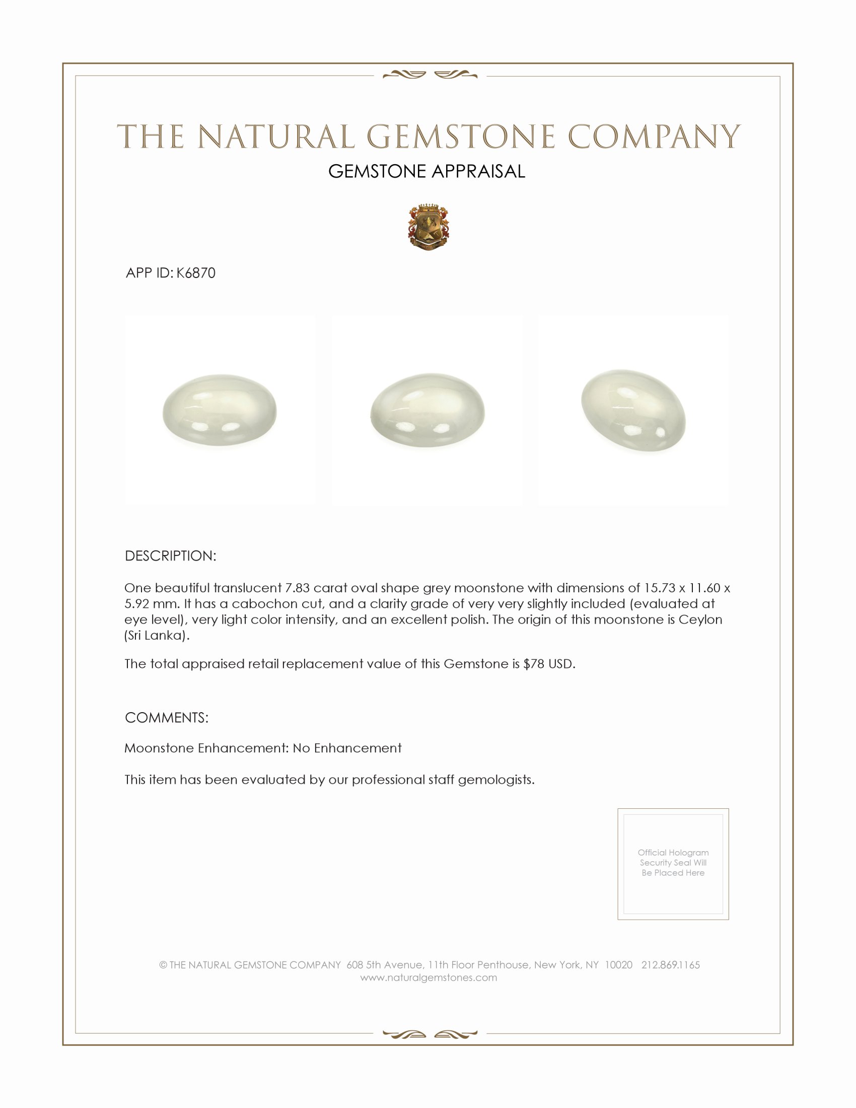 7.83 Ct. Cabochon Moonstone from Ceylon (Sri Lanka)