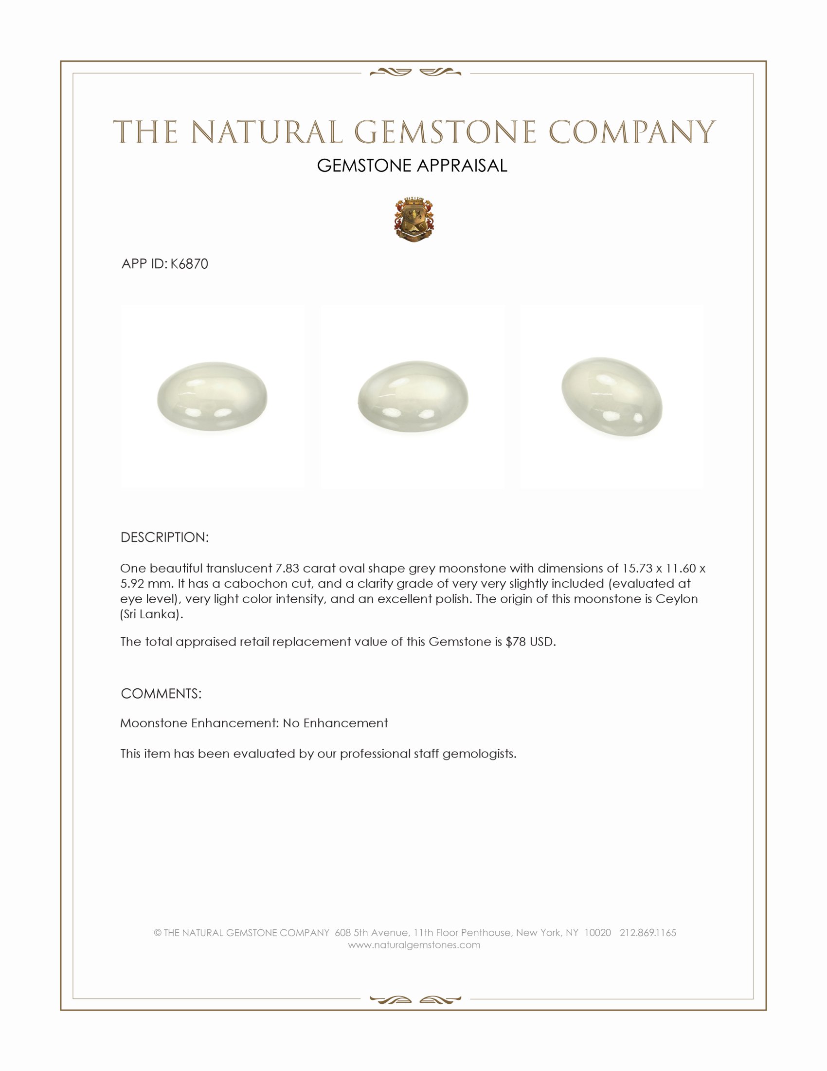 7.83 Ct. Cabochon Moonstone from Ceylon (Sri Lanka)