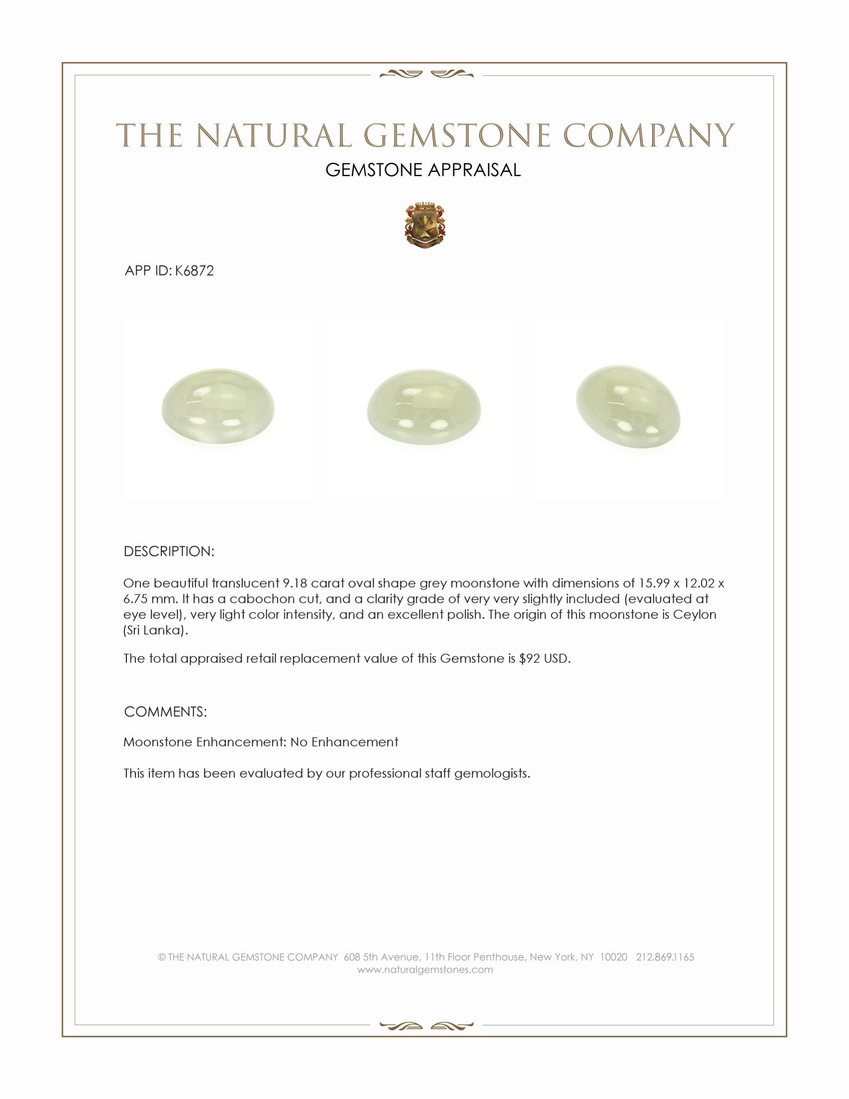 9.18 Ct. Cabochon Moonstone from Ceylon (Sri Lanka)