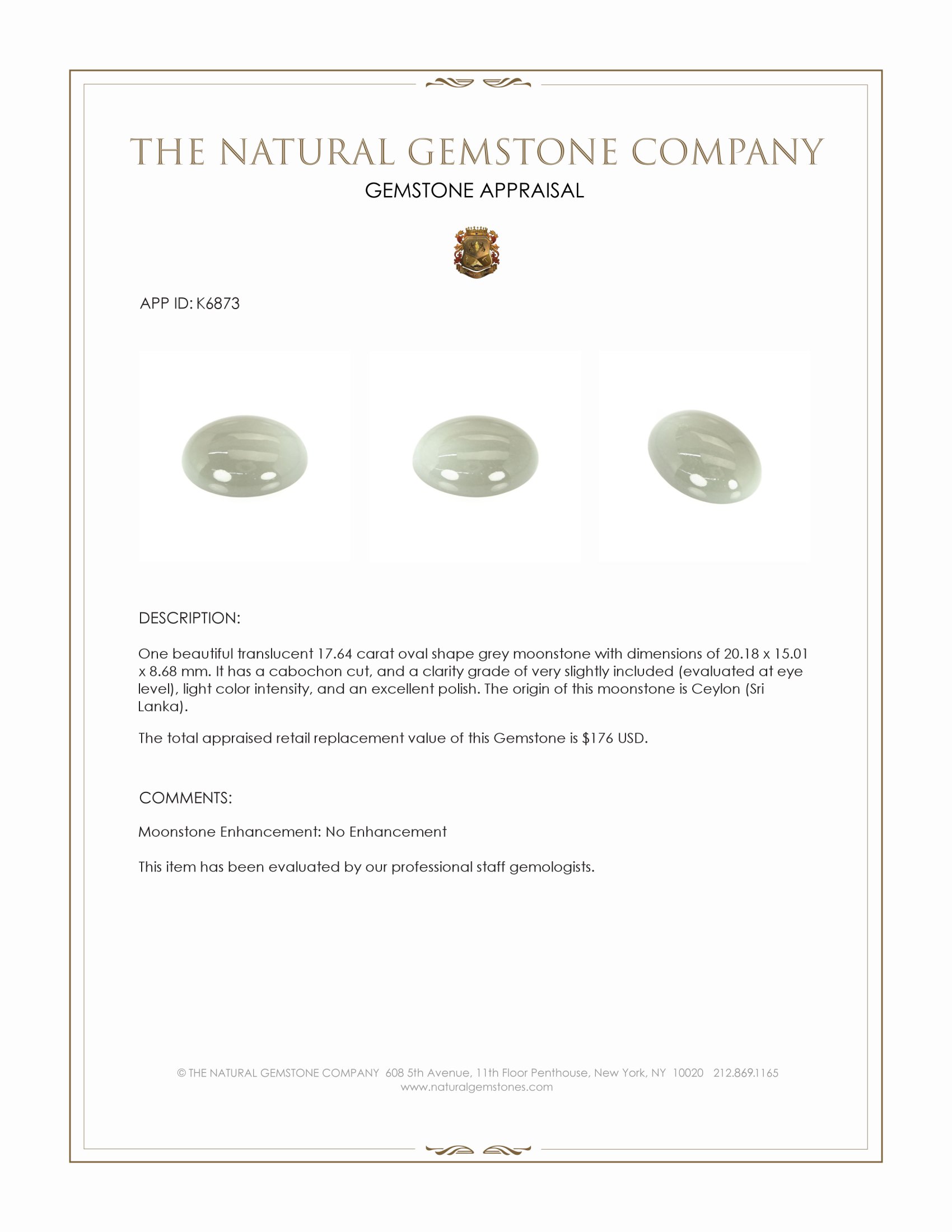 17.64 Ct. Grey Cabochon Moonstone from Ceylon (Sri Lanka)