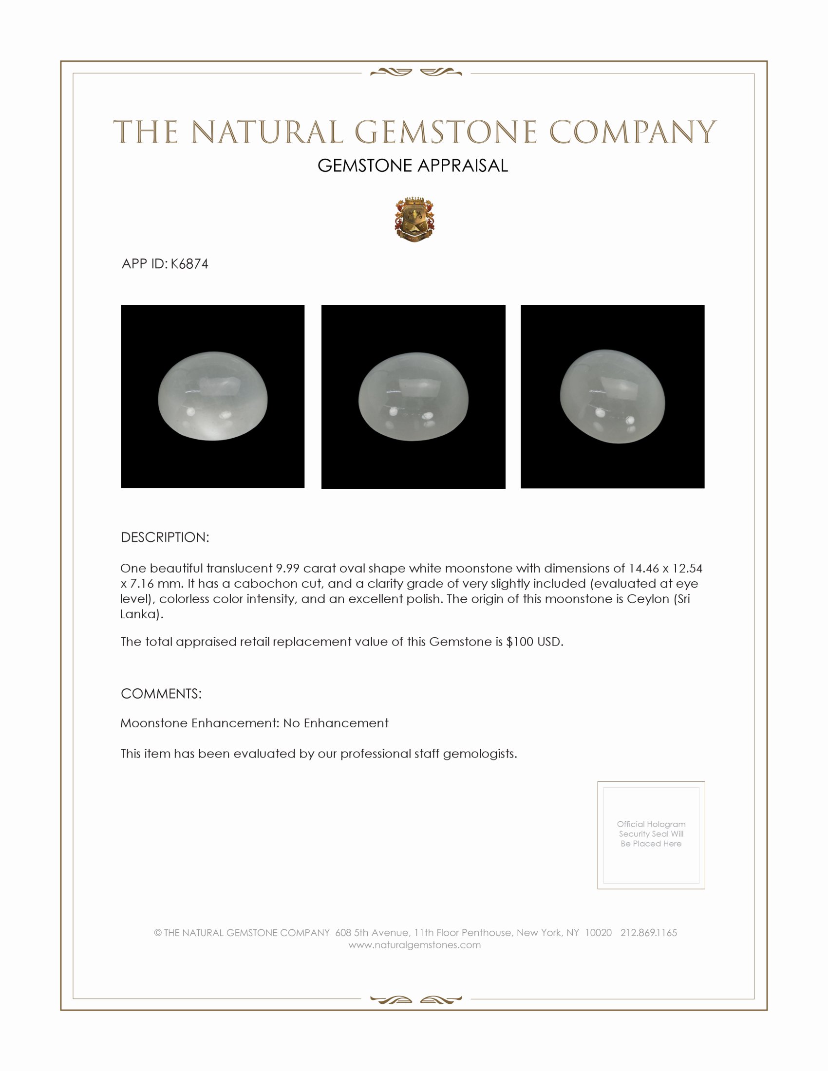 9.99 Ct. Cabochon Moonstone from Ceylon (Sri Lanka)